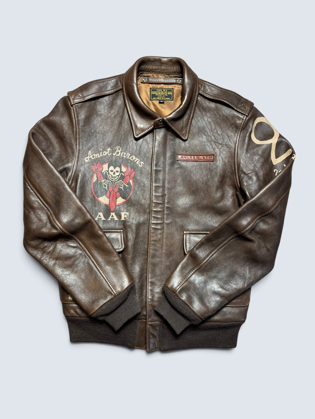 Jacket cuir cowhide flight A-2 Avirex LTD usaf nose art patch brown - S/M