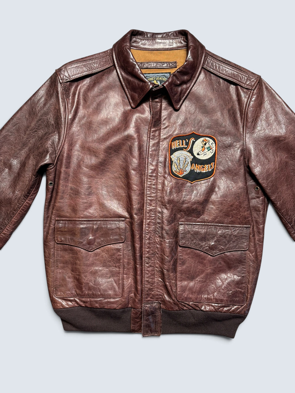 Jacket cuir horsehide flight A-2 Curphey Leather Hell's Angels patch & nose art usaf brown - 42 (L)
