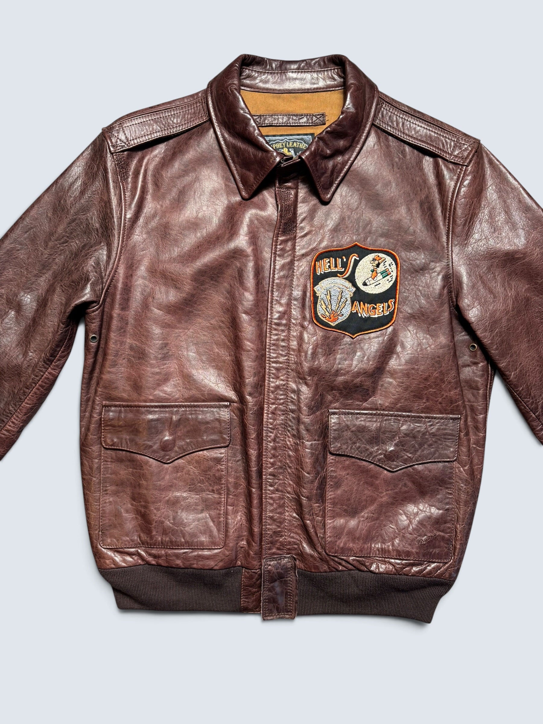 Jacket cuir horsehide flight A-2 Curphey Leather Hell's Angels patch & nose art usaf brown - 42 (L)