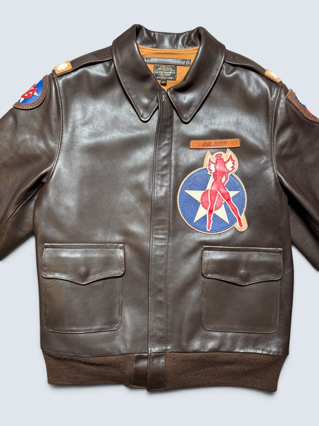 Jacket cuir Horsehide flight A-2 Star Sportswear MFG. co Flying Tigers usaf nose art full patch brown - 42 (L)