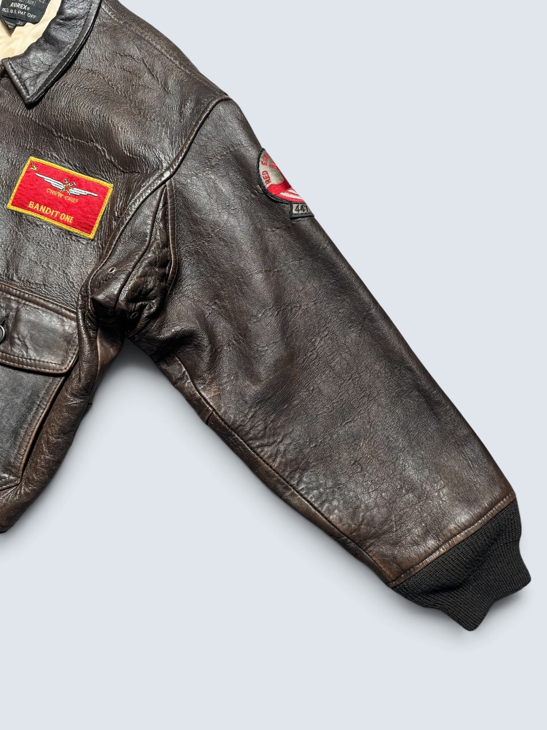 Jacket cuir cowhide flight G-1 Avirex usn full patch Mig-29 brown 1990 - XS/S