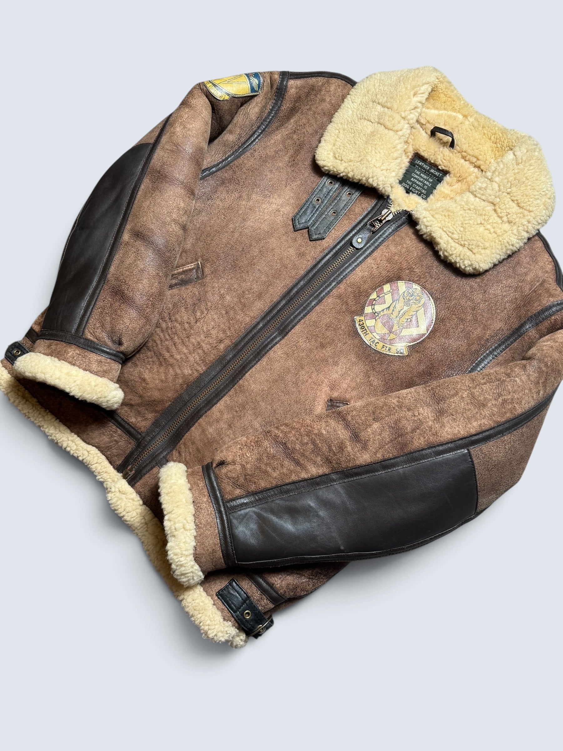 Jacket cuir flight shearling B-3 Dog Fight usaf 430th patch brown vintage 90’s - L/XL