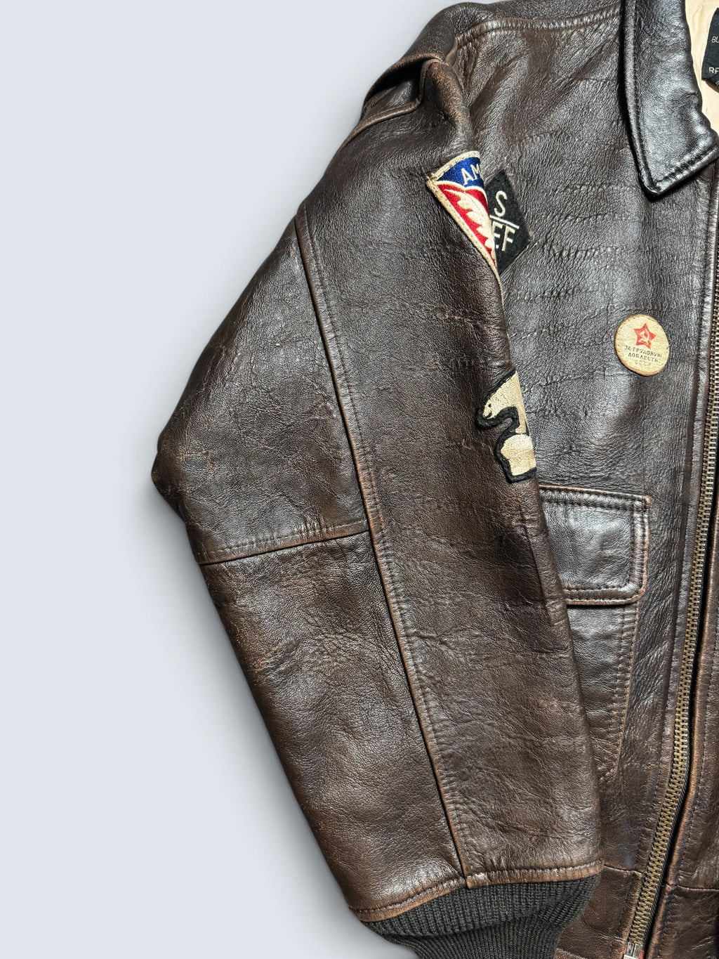 Jacket cuir cowhide flight G-1 Avirex usn full patch Mig-29 brown 1990 - XS/S