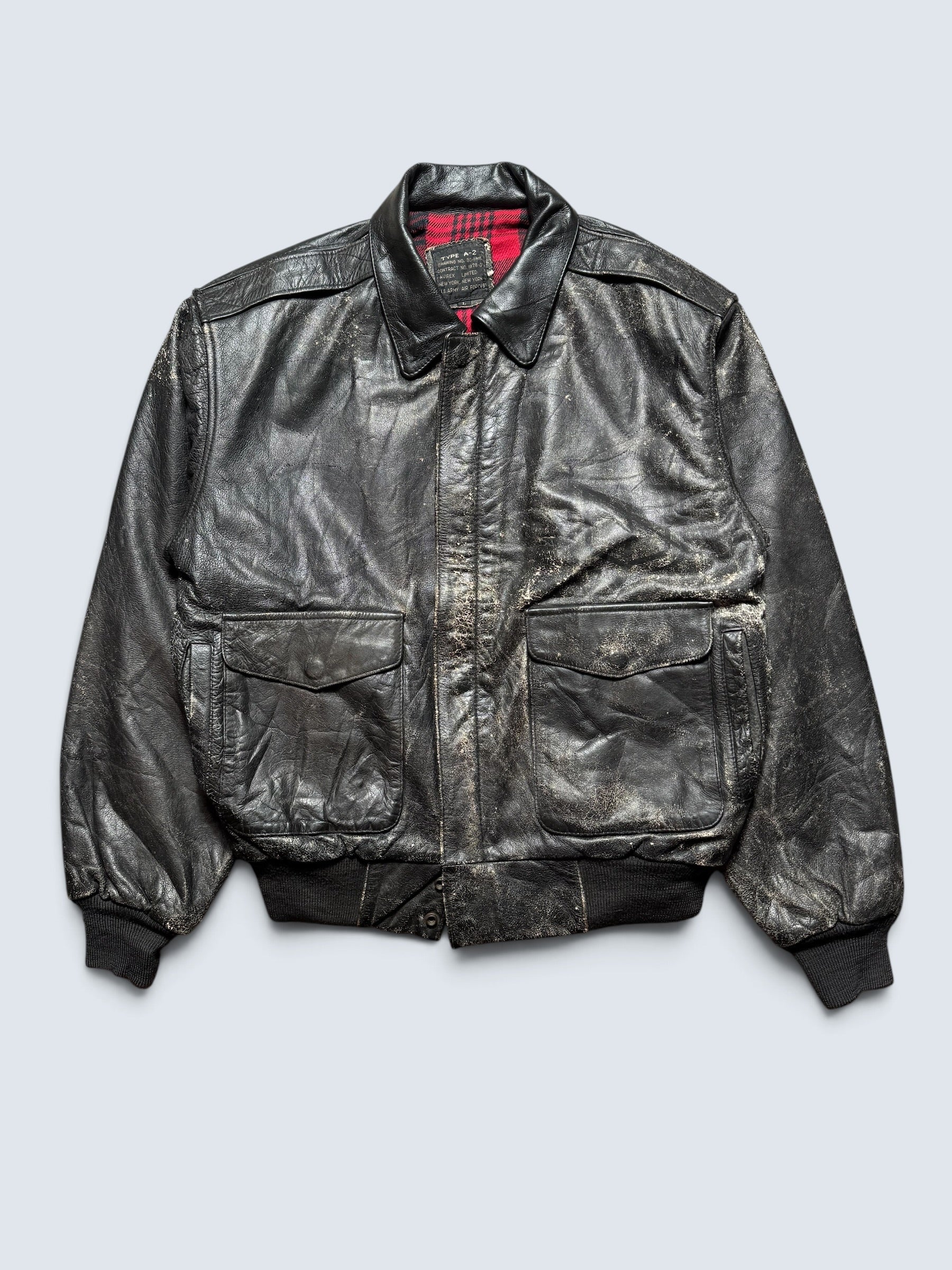 Jacket cuir cowhide bomber flight A-2 Avirex usa flag usaf nose art 90's - L