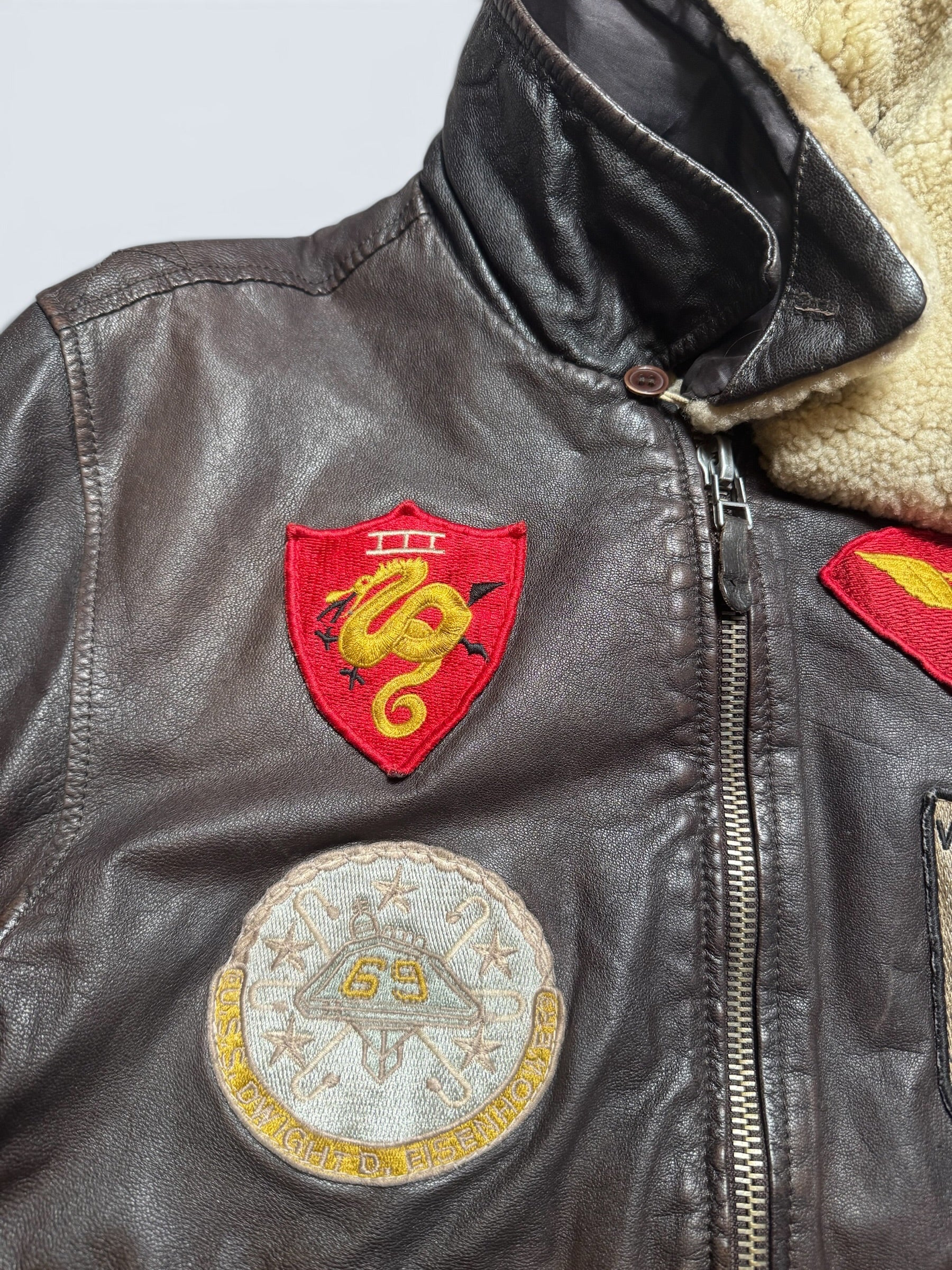 Jacket cuir cowhide flight G-1 Avirex LTD Japan exclusive Top Gun usn full patch brown 90’s - S