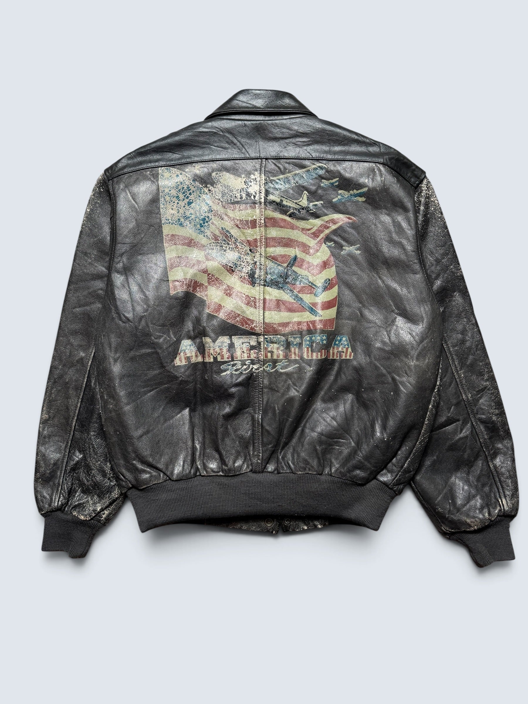 Jacket cuir cowhide bomber flight A-2 Avirex usa flag usaf nose art 90's - L