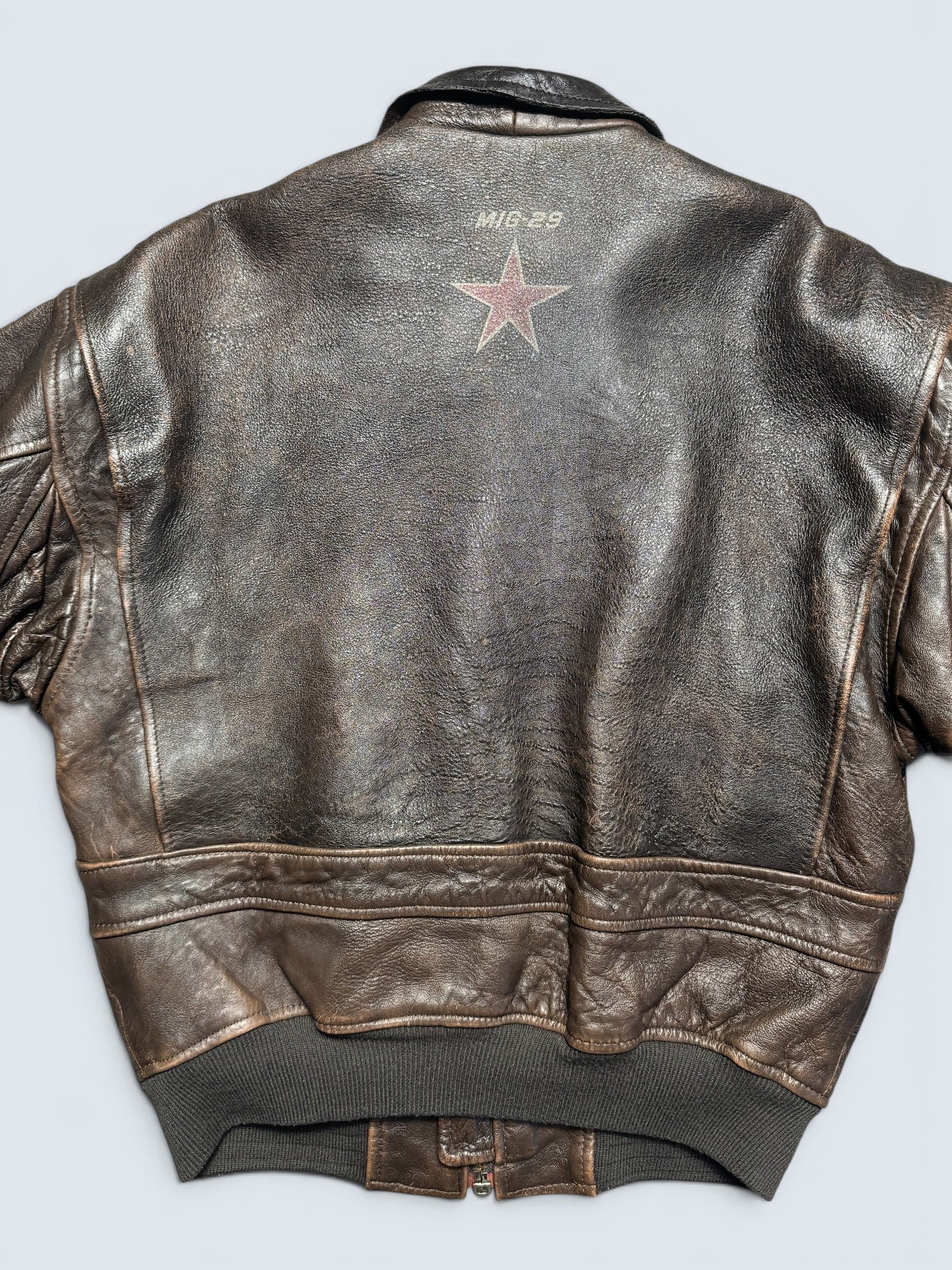 Jacket cuir cowhide flight G-1 Avirex usn full patch Mig-29 brown 1990 - XS/S