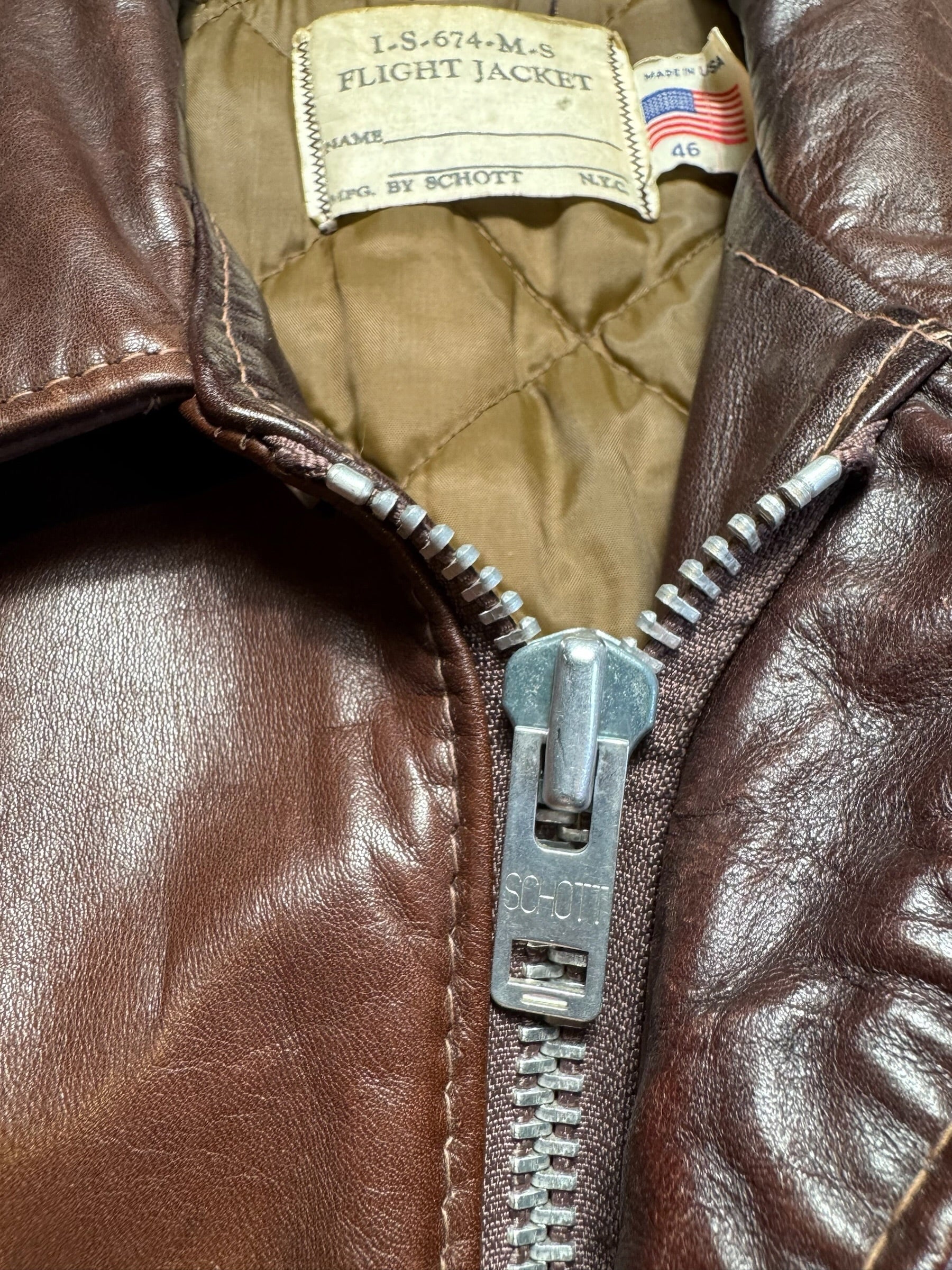 Jacket cuir cowhide flight bomber Schott NYC 674MS made in USA brown 70’s - 46 (XL)