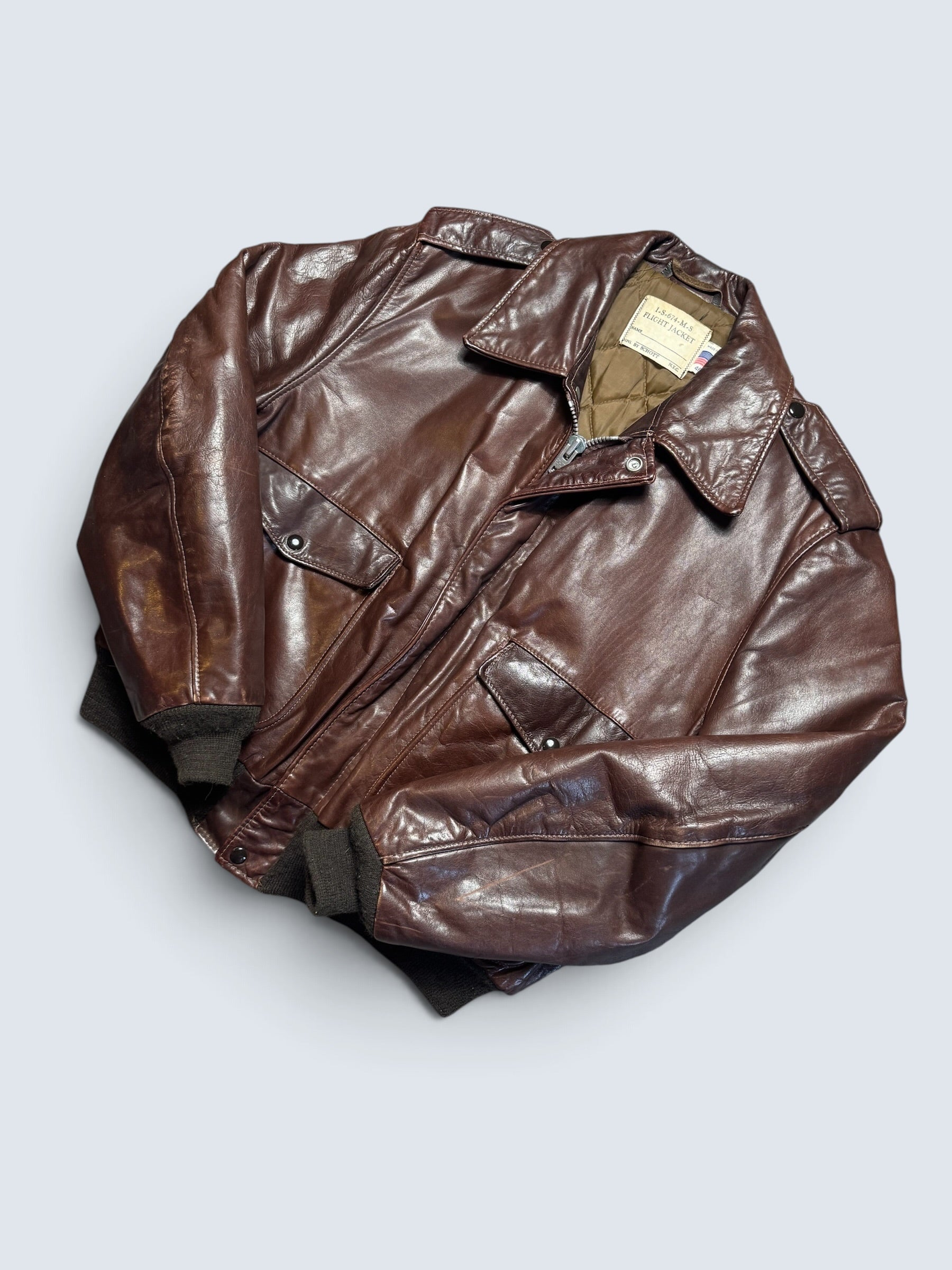Jacket cuir cowhide flight bomber Schott NYC 674MS made in USA brown 70’s - 46 (XL)
