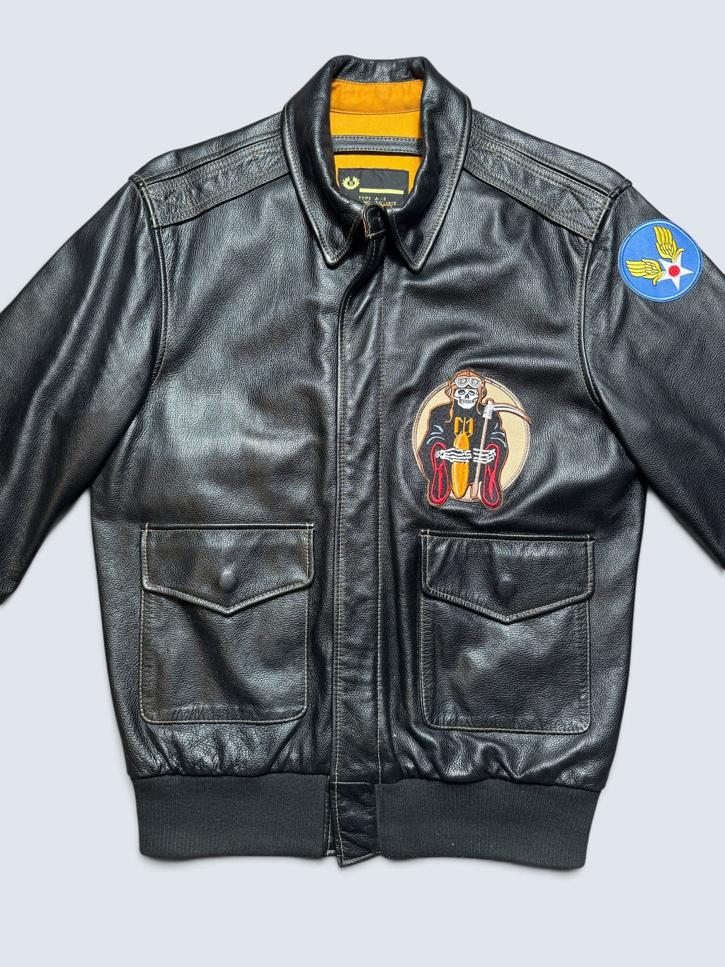 Jacket cuir flight A-2 Willis & Geiger patch & nose art flying tigers usaf black 00's - M