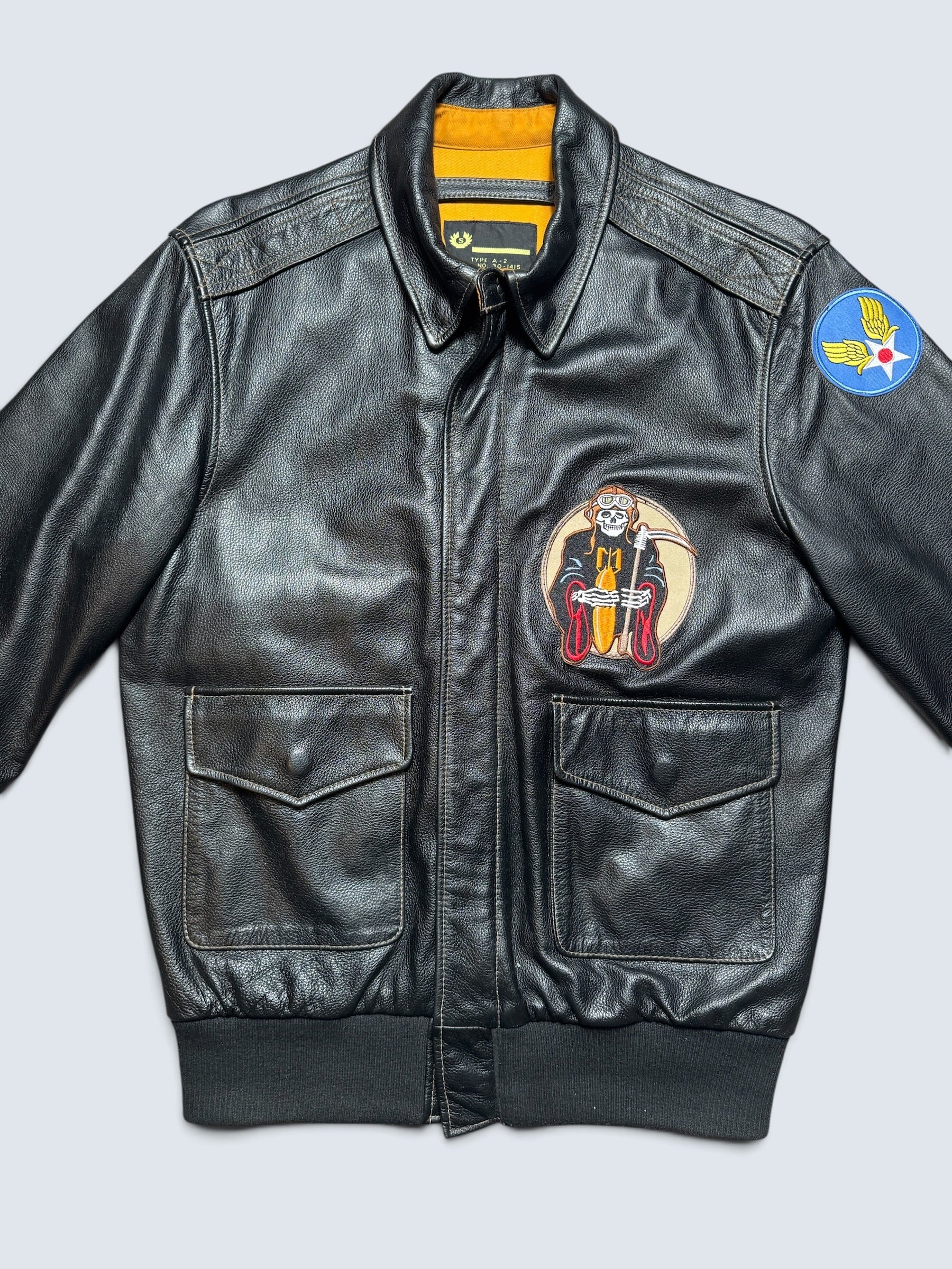 Jacket cuir flight A-2 Willis & Geiger patch & nose art flying tigers usaf black 00's - M