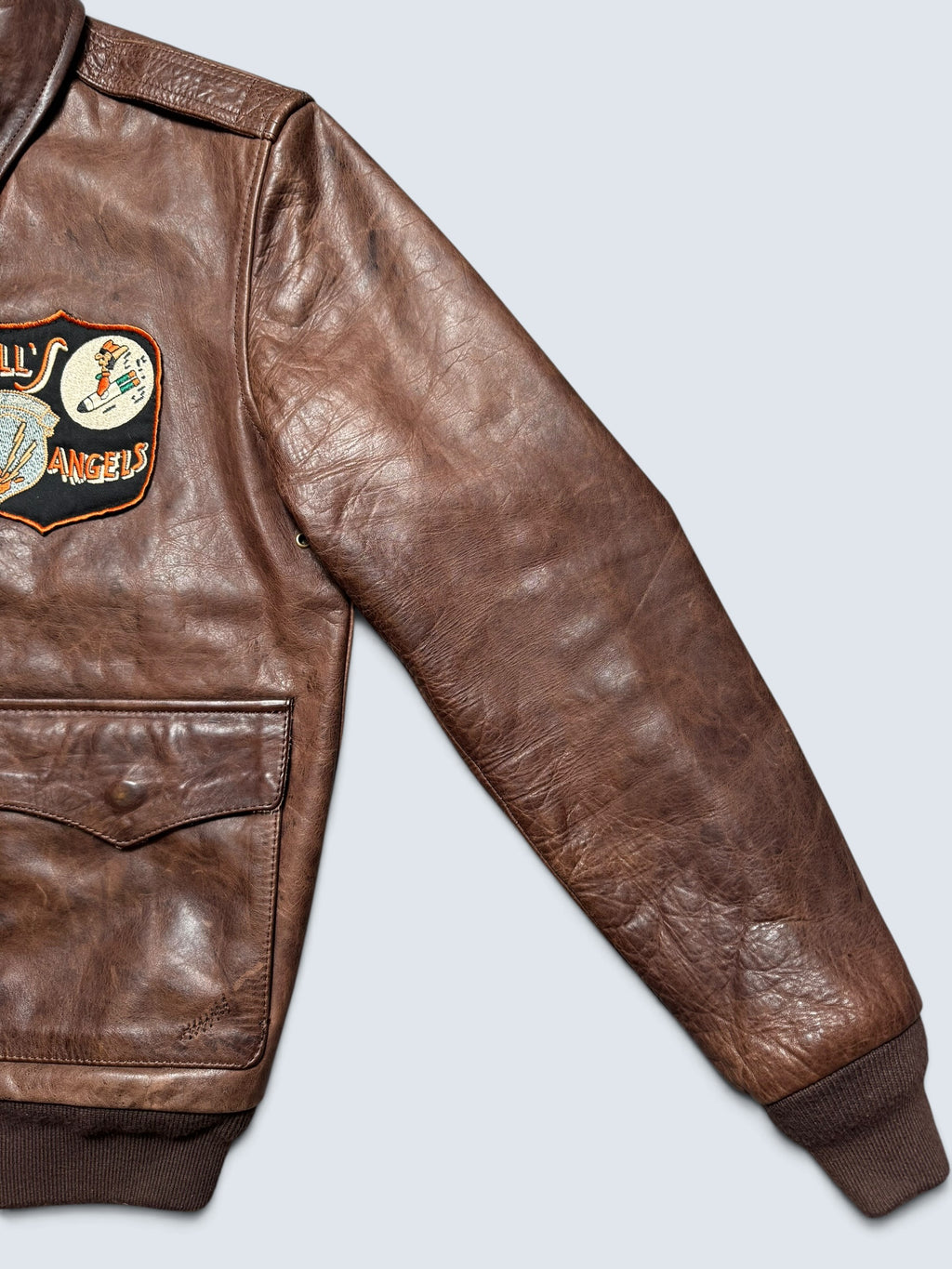 Jacket cuir horsehide flight A-2 Curphey Leather Hell's Angels patch & nose art usaf brown - 36 (S)