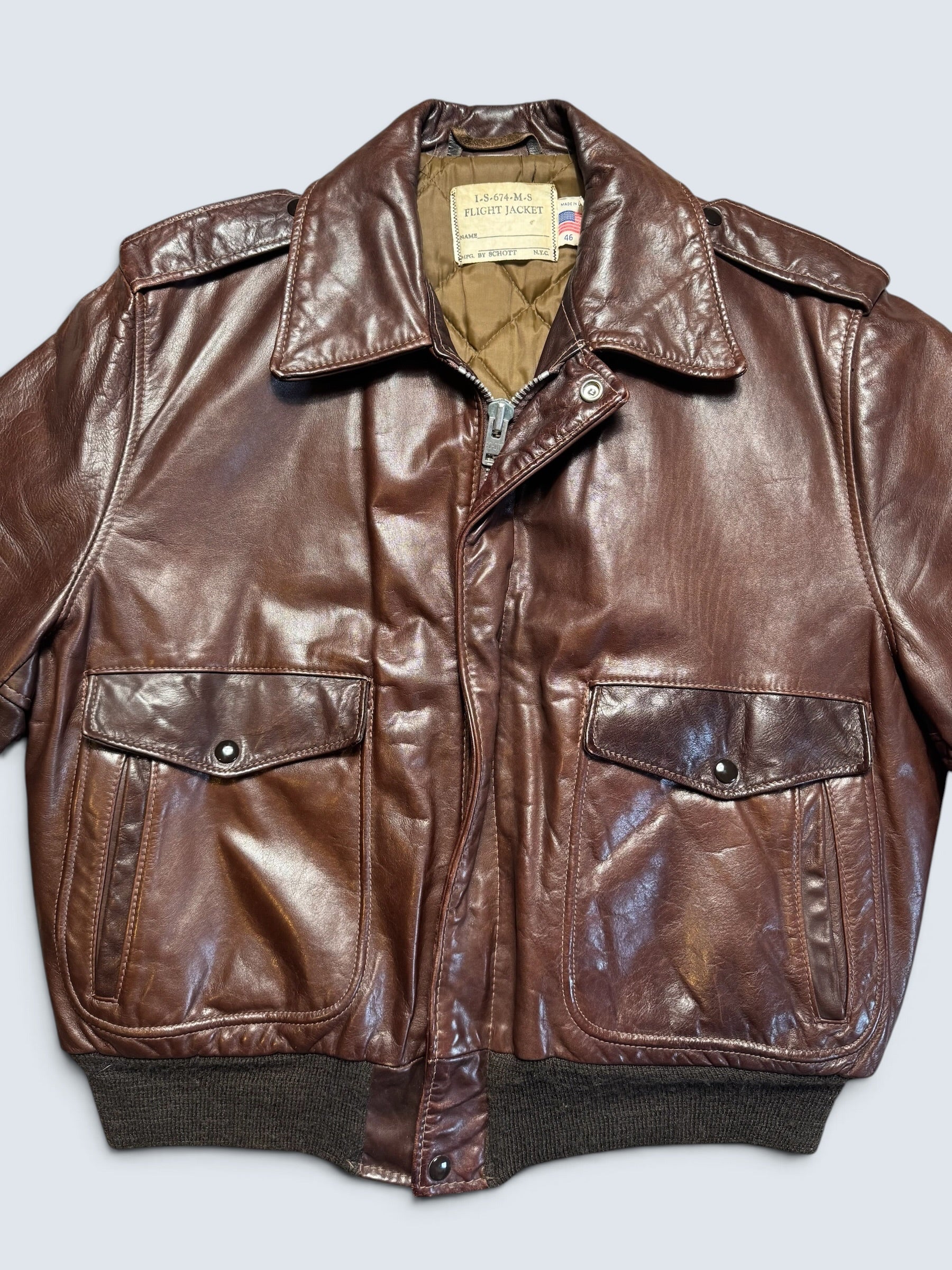 Jacket cuir cowhide flight bomber Schott NYC 674MS made in USA brown 70’s - 46 (XL)