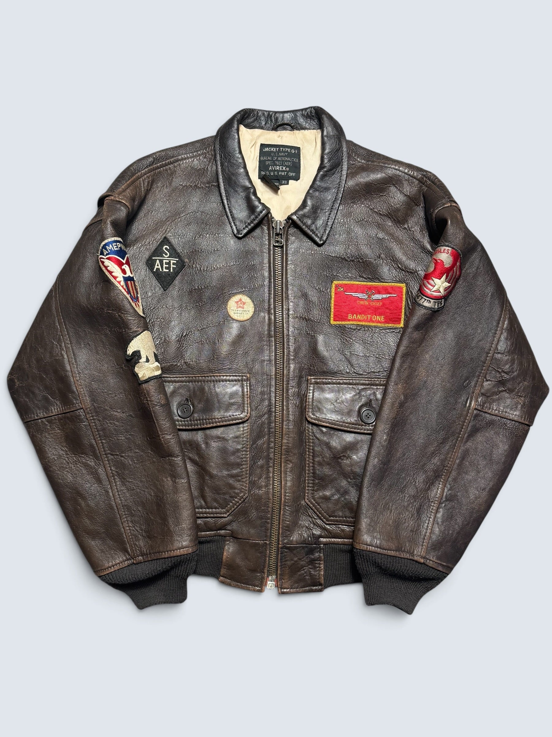 Jacket cuir cowhide flight G-1 Avirex usn full patch Mig-29 brown 1990 - XS/S