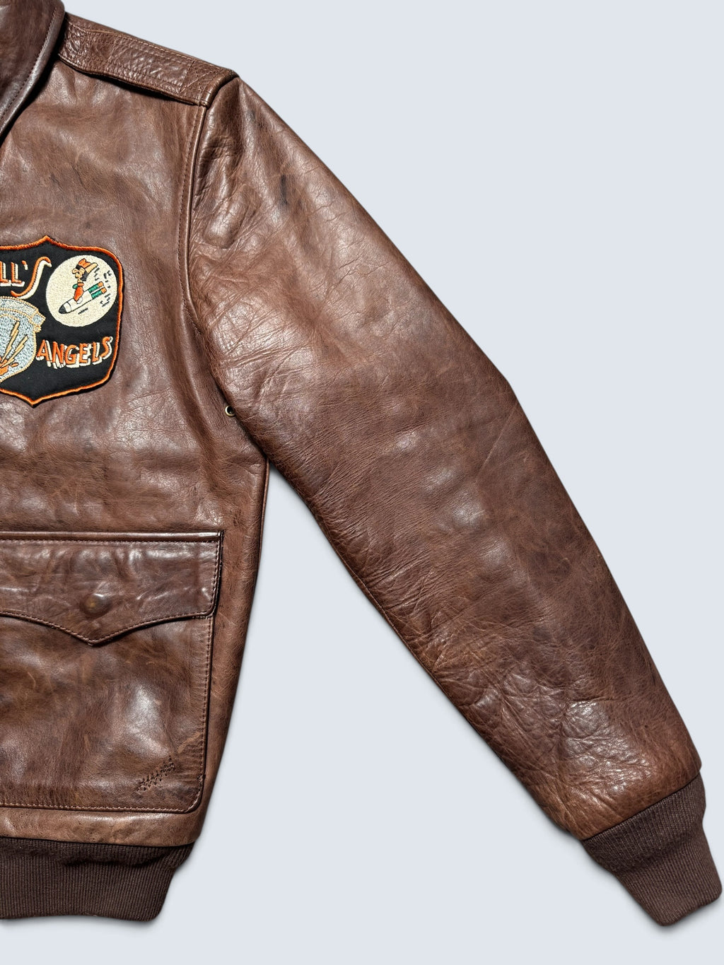 Jacket cuir horsehide flight A-2 Curphey Leather Hell's Angels patch & nose art usaf brown - 40 (M)