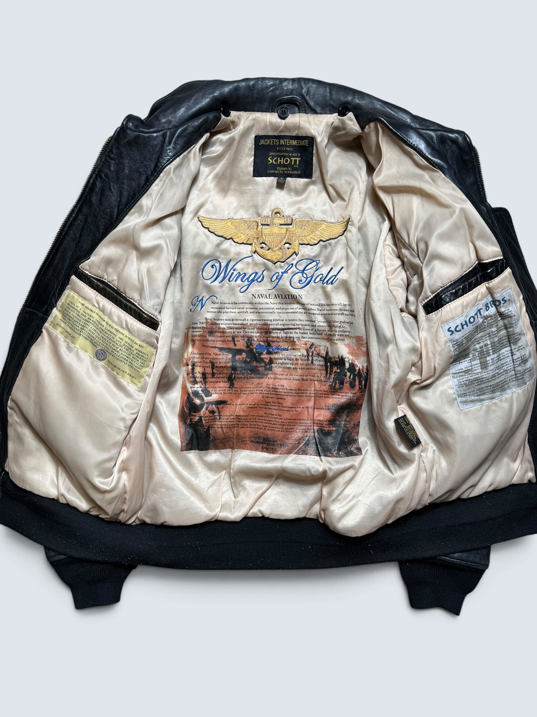 Jacket cuir cowhide flight pilot Schott NYC G-1 usn wings of gold full patch black 00's - M