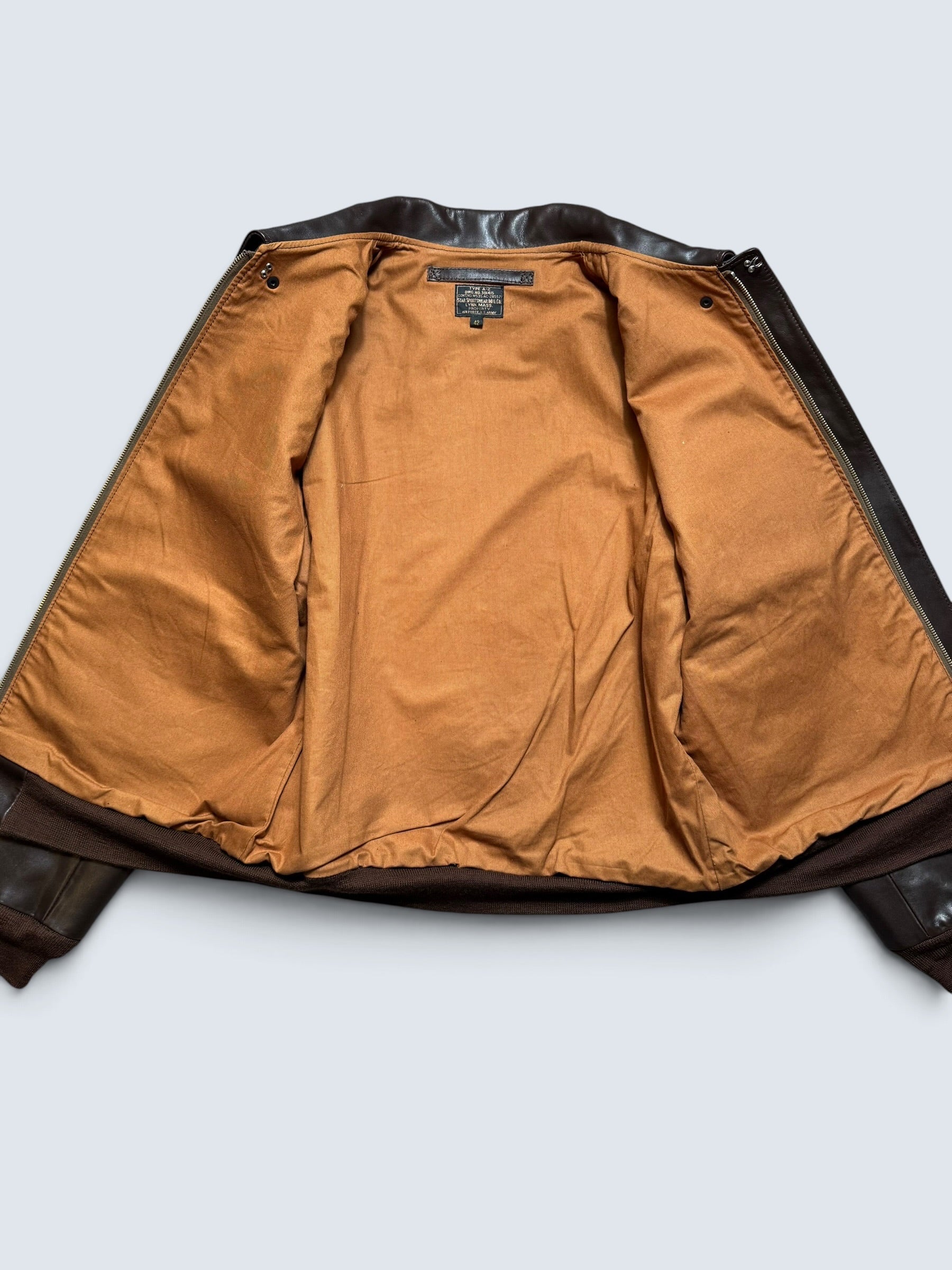 Jacket cuir Horsehide flight A-2 Star Sportswear MFG. co Flying Tigers usaf nose art full patch brown - 42 (L)