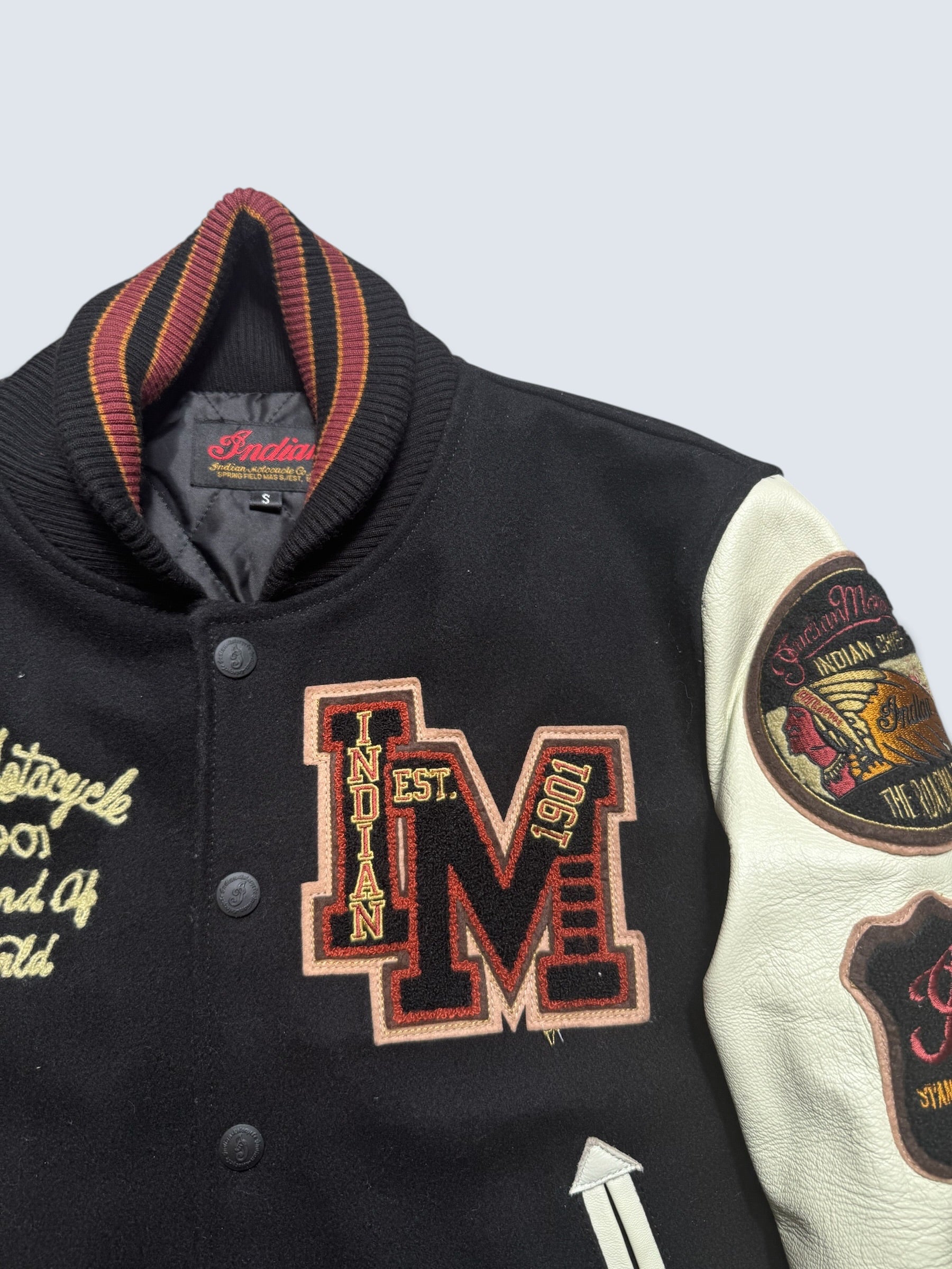 Jacket teddy varsity cuir Indian Motorcycle Japan edition black & white 00's - S