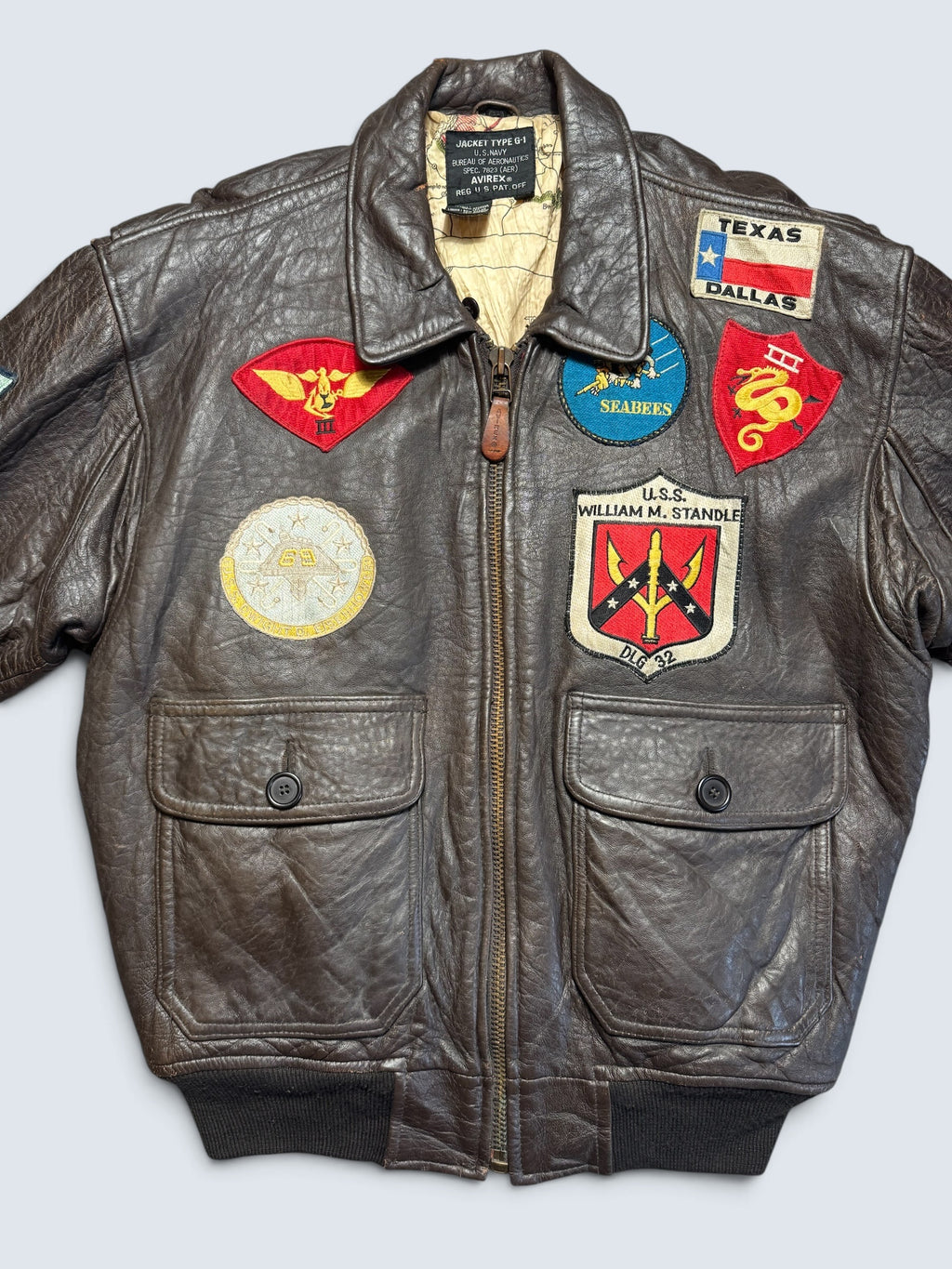 Jacket cuir cowhide flight G-1 Avirex Top Gun usn full patch black vintage 90’s - S/M