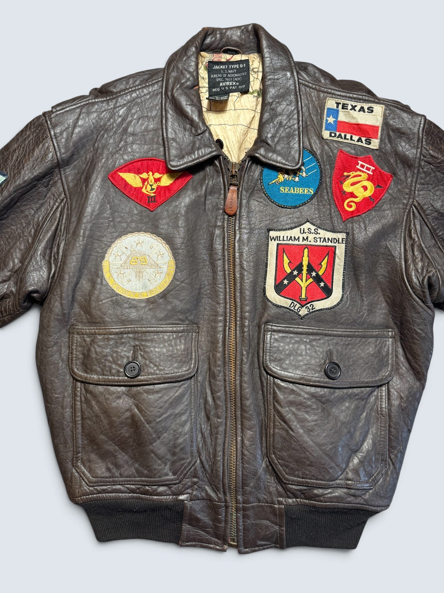 Jacket cuir cowhide flight G-1 Avirex Top Gun usn full patch black vintage 90’s - S/M