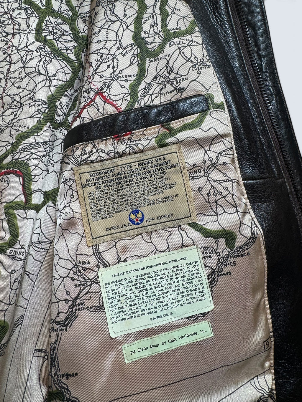 Jacket cuir cowhide flight A-2 Avirex made in USA usaf Glenn Millers nose art black 1989 - L
