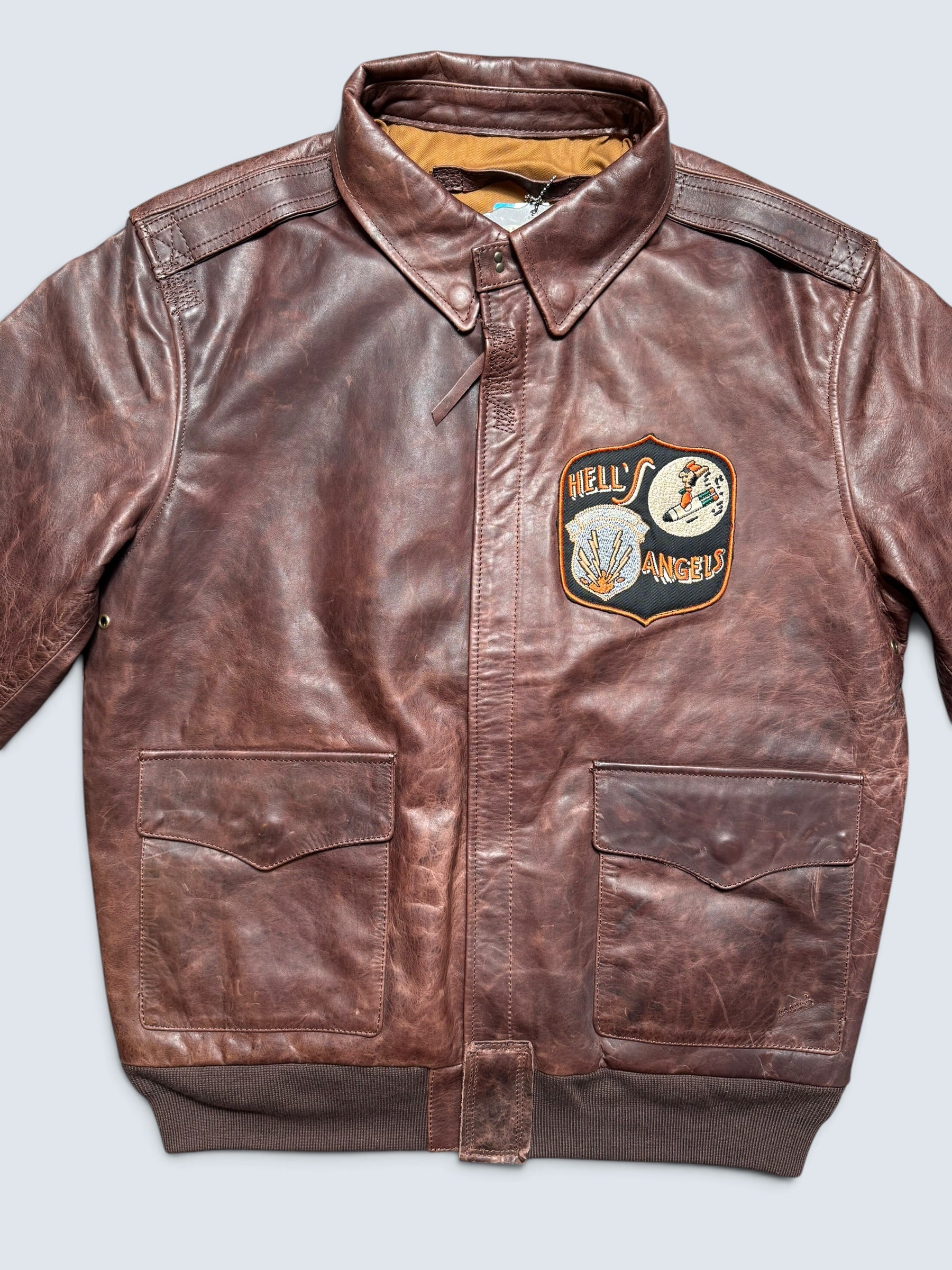 Jacket cuir horsehide flight A-2 Curphey Leather Hell's Angels patch & nose art usaf brown - 42 (L)