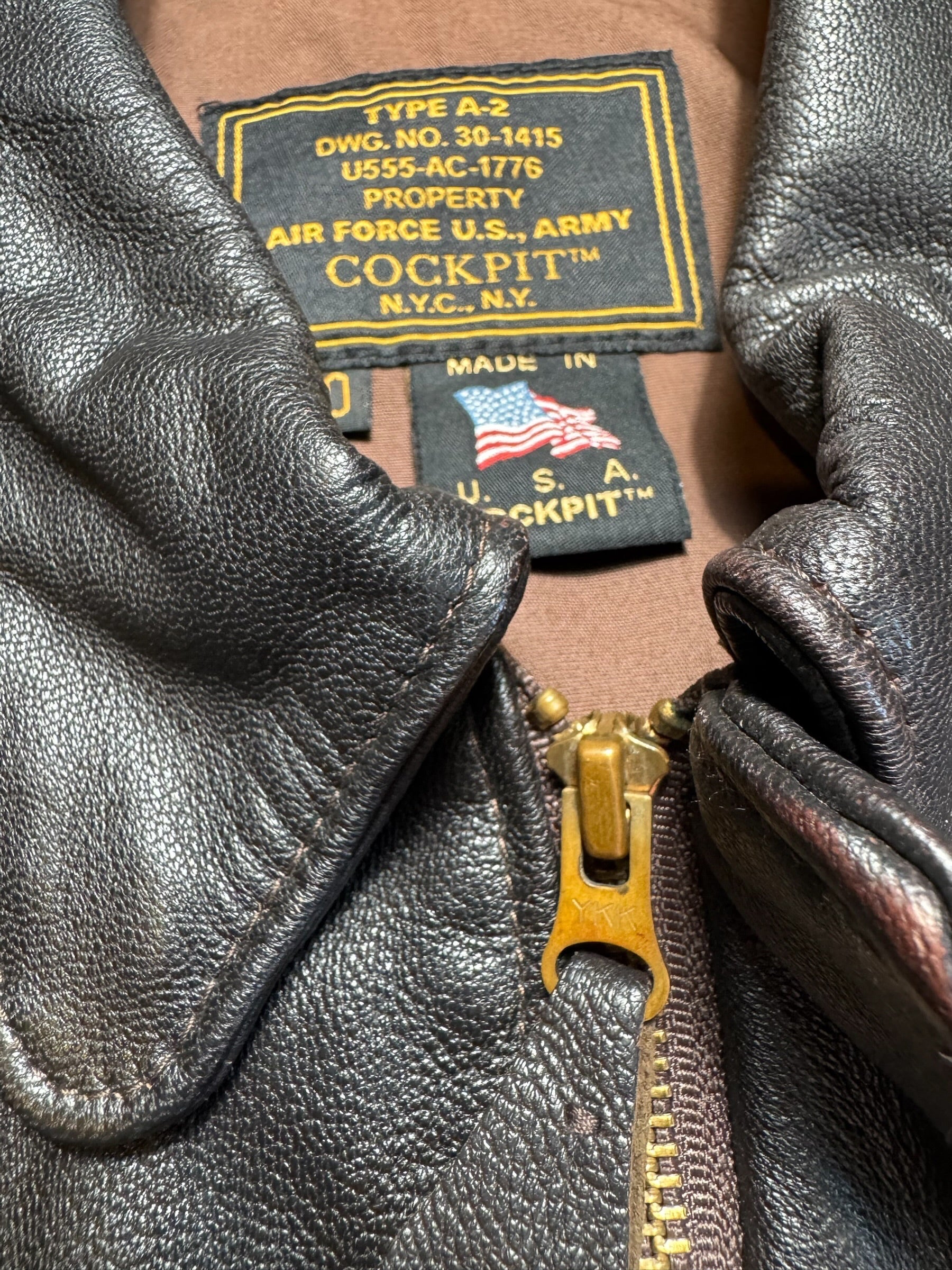 Jacket cuir goatskin flight A-2 Cockpit made in usa usaf Menphis Belle nose art patch black - 40 (L/XL)