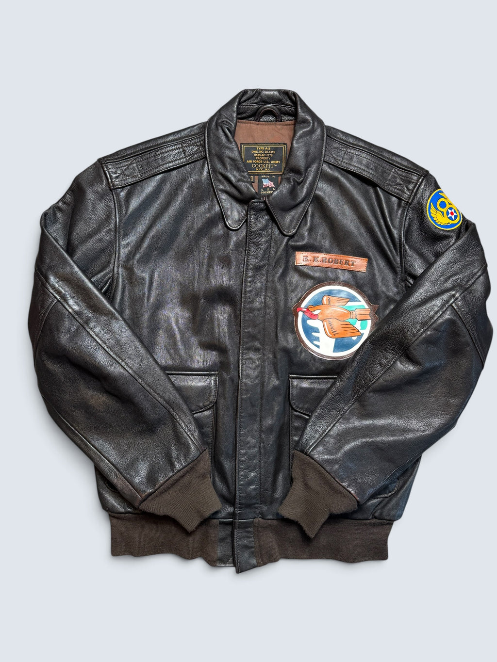 Jacket cuir goatskin flight A-2 Cockpit made in usa usaf Menphis Belle nose art patch black - 40 (L/XL)