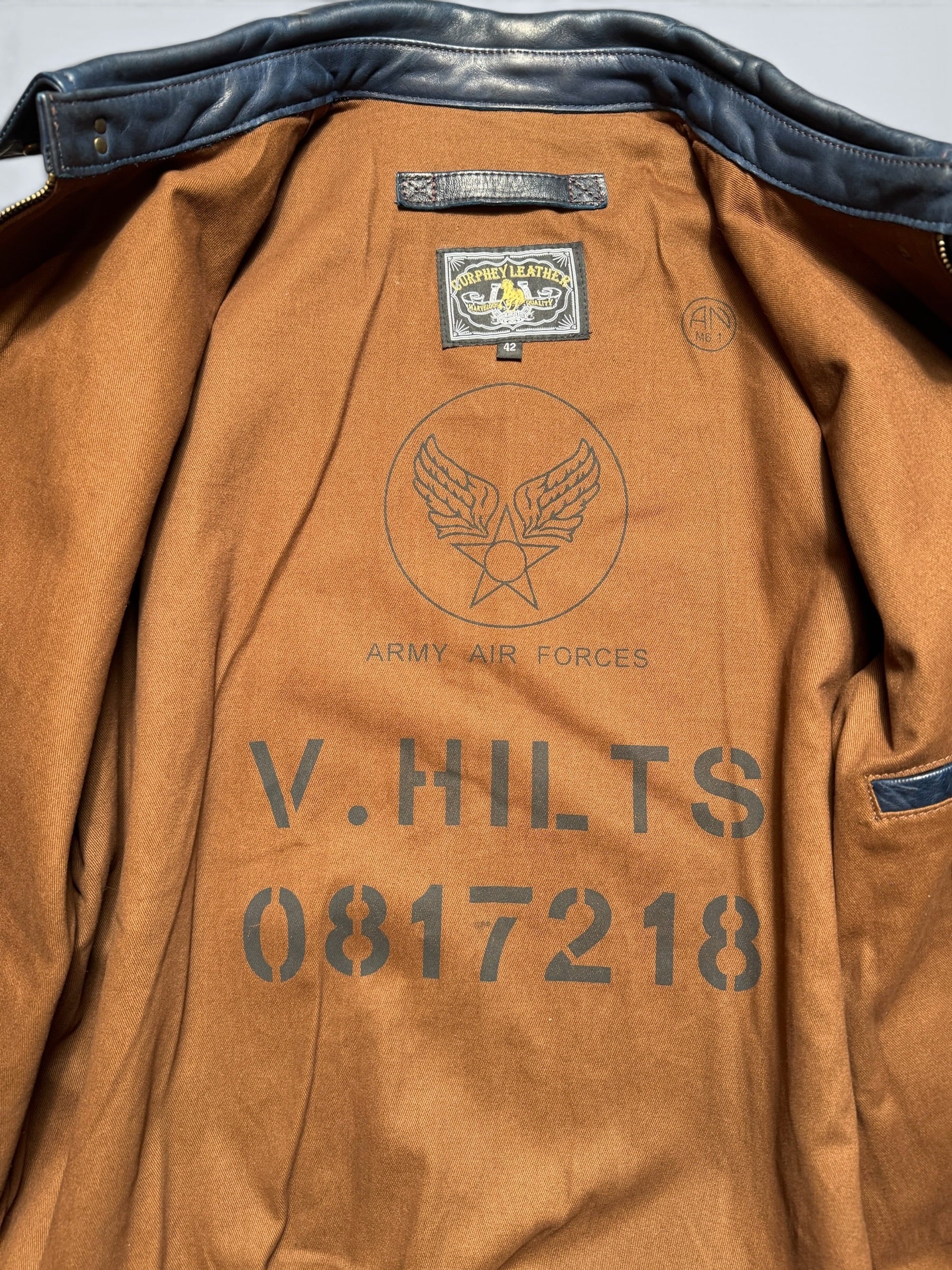 Jacket cuir horsehide bomber flight A-2 Curphey Leather patch & nose art usaf navy - 42 (L)