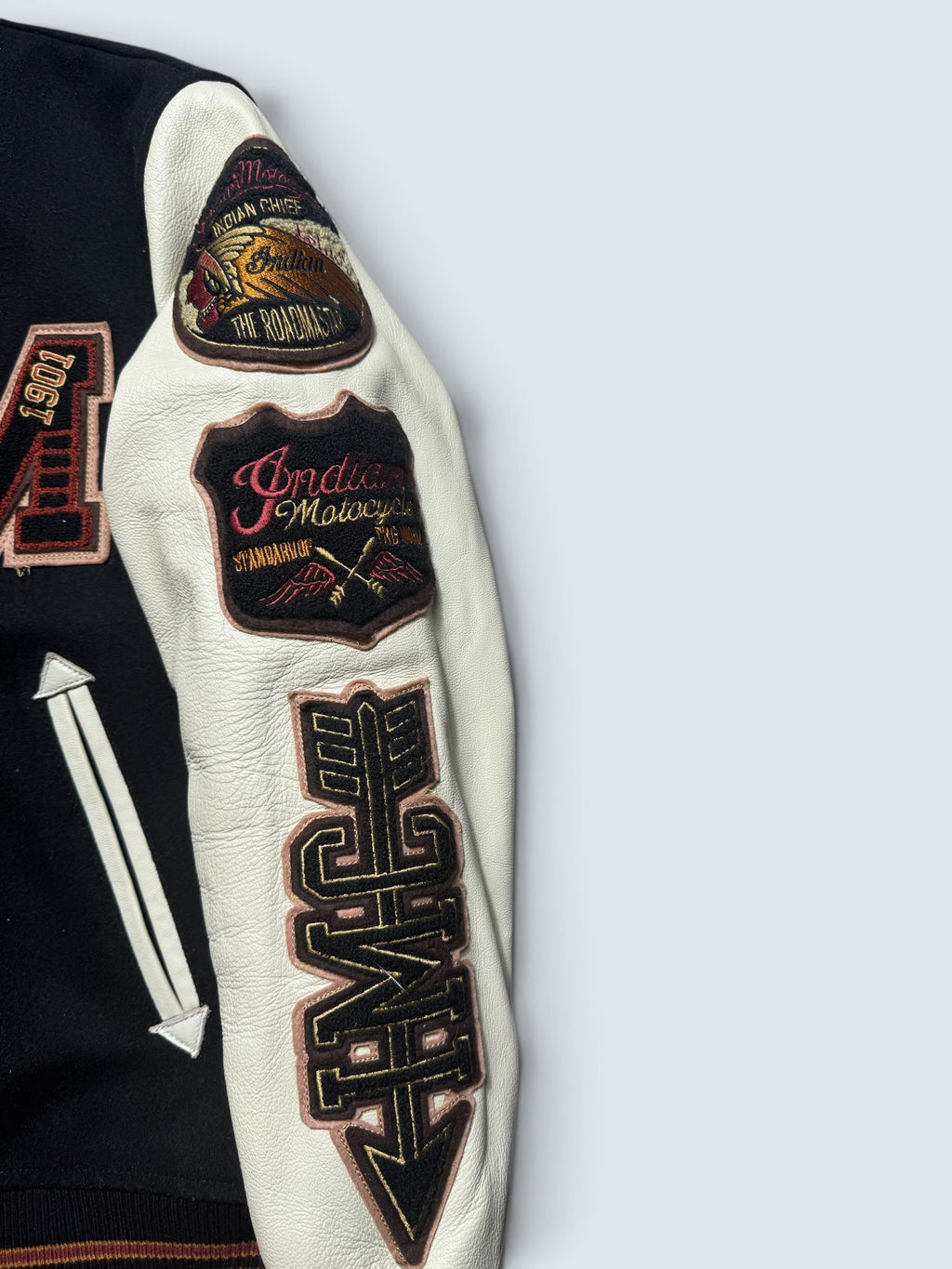 Jacket teddy varsity cuir Indian Motorcycle Japan edition black & white 00's - S