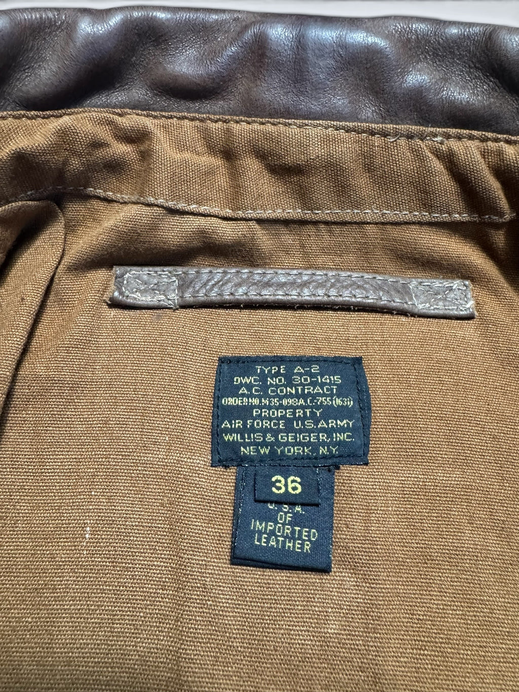 Jacket cuir cowhide flight A-2 Willis & Geiger usa usaf patch brown 90’s - 36 (S/M)