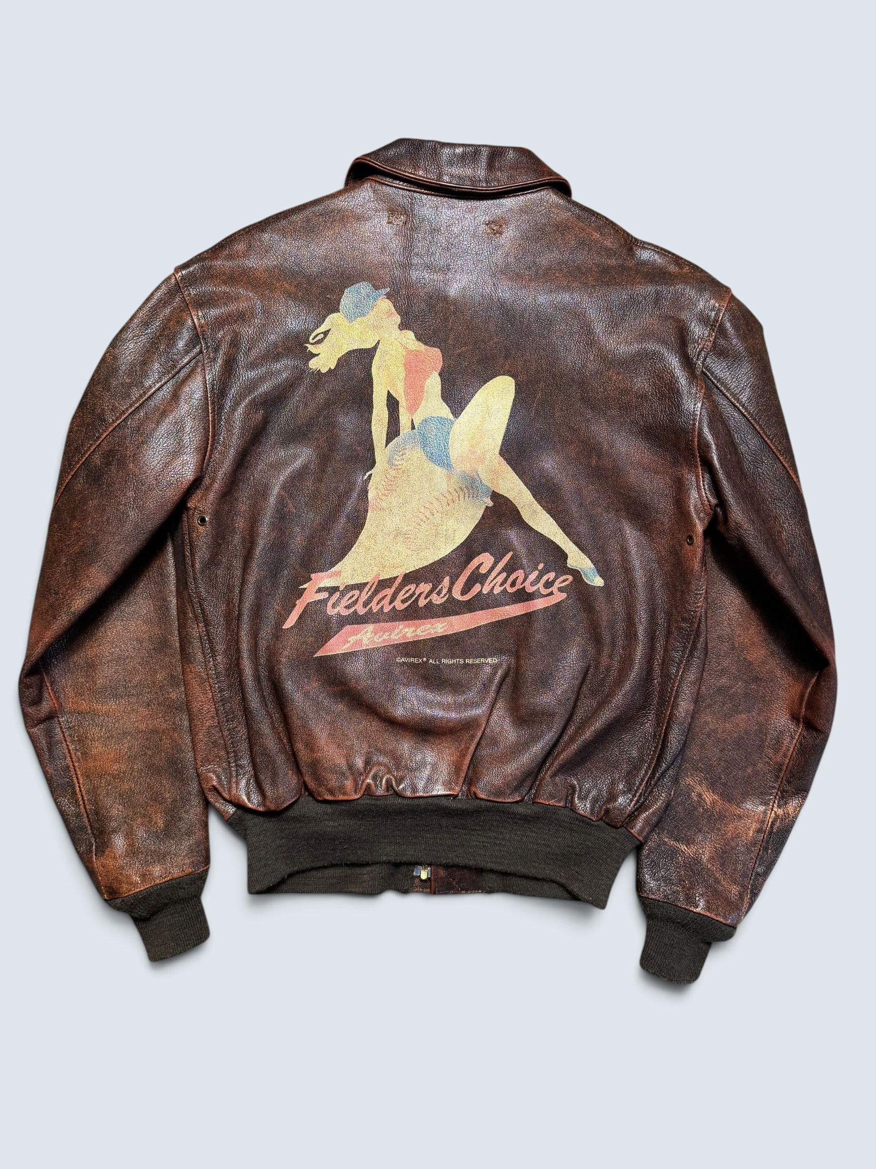 Jacket cuir cowhide flight A-2 Avirex Fielders Choice usaf nose art brown 80’s - 38 (M)