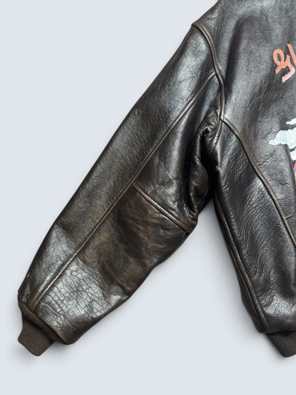 Jacket cuir cowhide flight A-2 Avirex made in USA usaf Glenn Millers nose art black 1989 - L