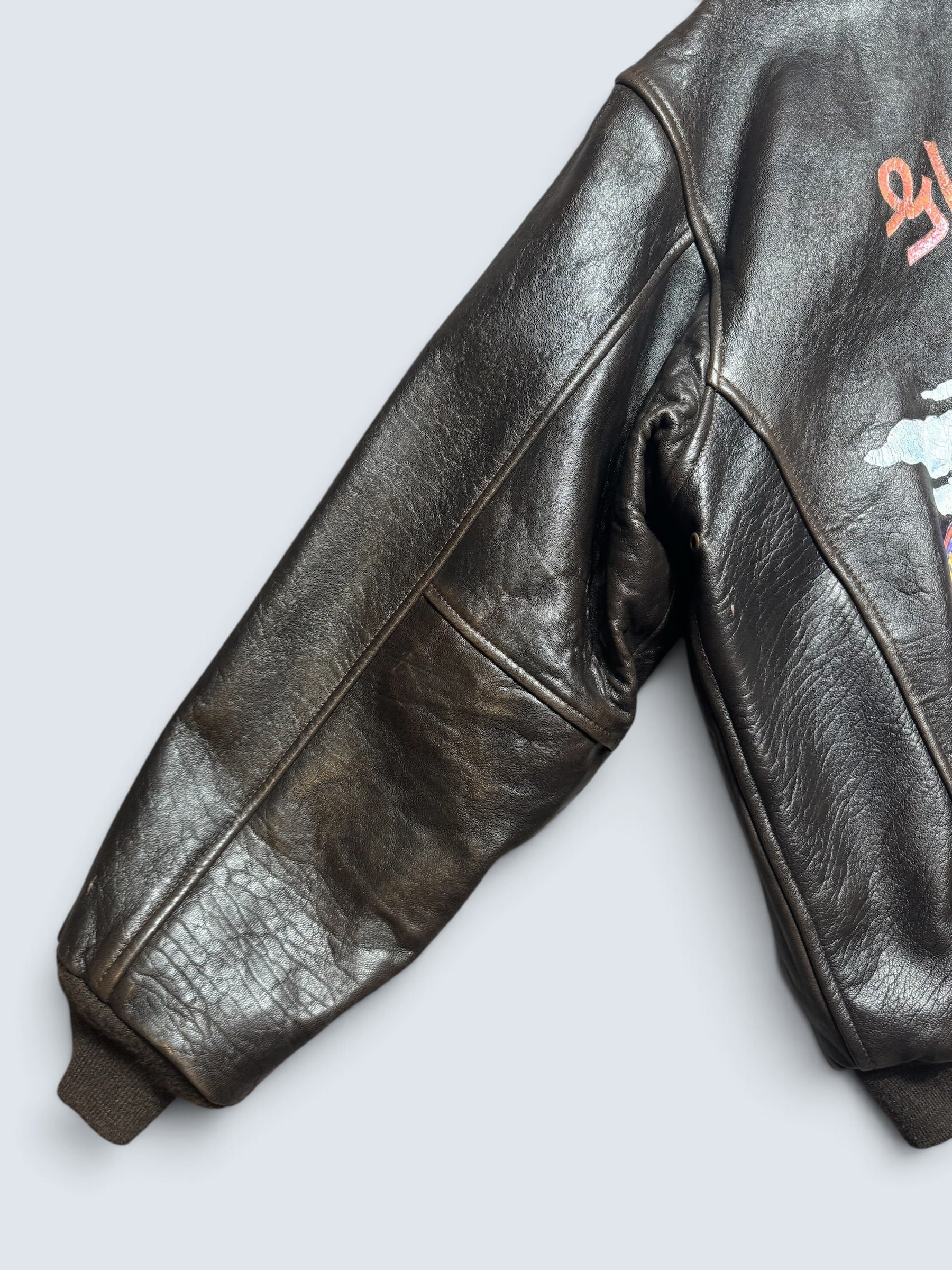 Jacket cuir cowhide flight A-2 Avirex made in USA usaf Glenn Millers nose art black 1989 - L