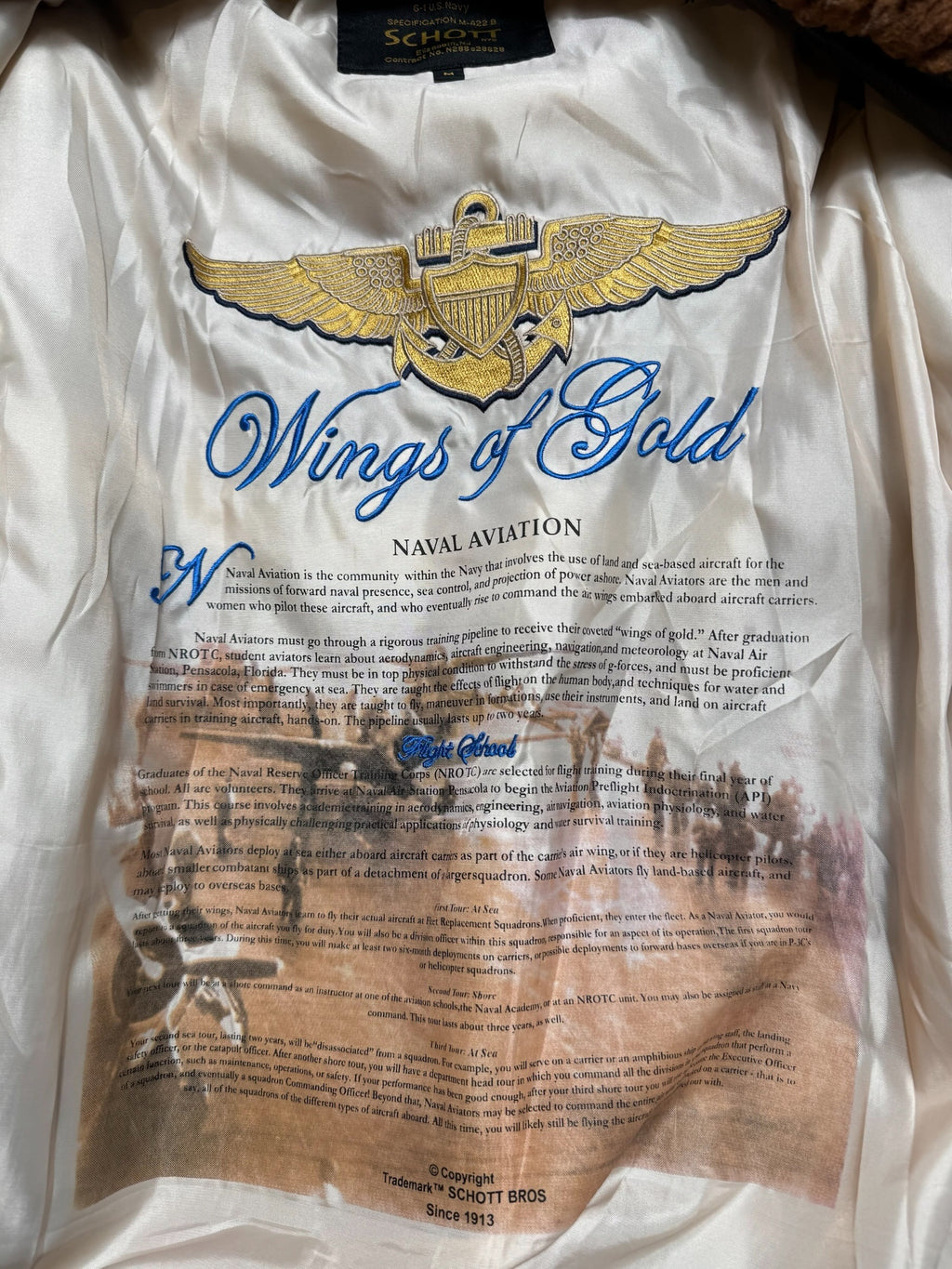 Jacket cuir lambskin flight G-1 Schott NYC Wings Of Gold Top Gun usn full patch nose art black - M (XL)