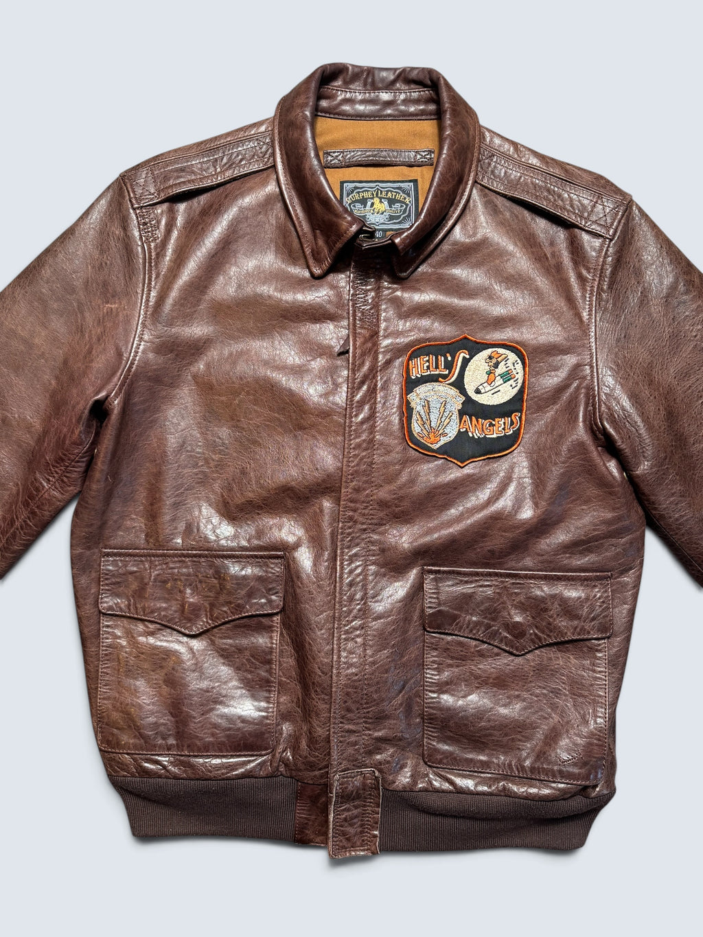 Jacket cuir horsehide flight A-2 Curphey Leather Hell's Angels patch & nose art usaf brown - 40 (M)