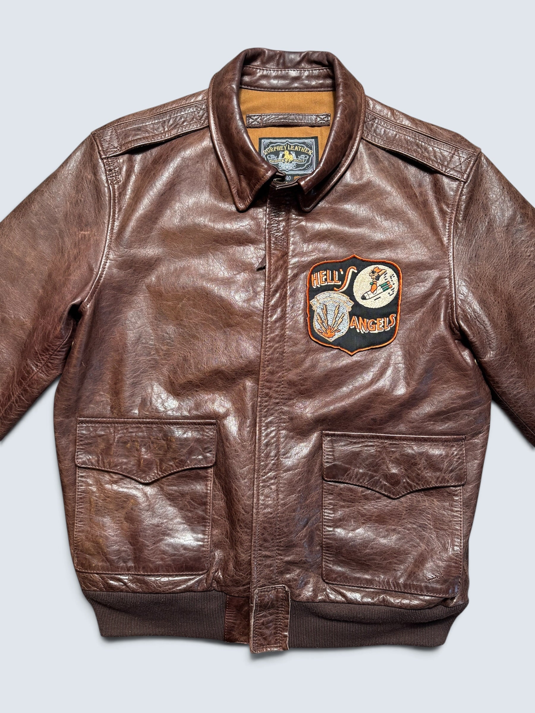 Jacket cuir horsehide flight A-2 Curphey Leather Hell's Angels patch & nose art usaf brown - 40 (M)