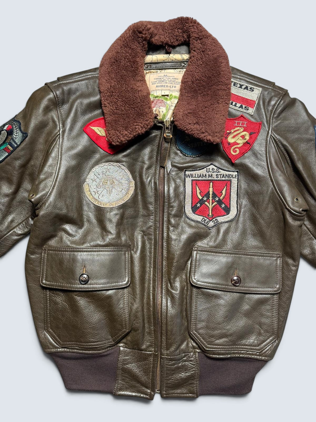 Jacket cuir cowhide flight G-1 Avirex LTD Japan exclusive Top Gun usn full patch brown 00’s - L