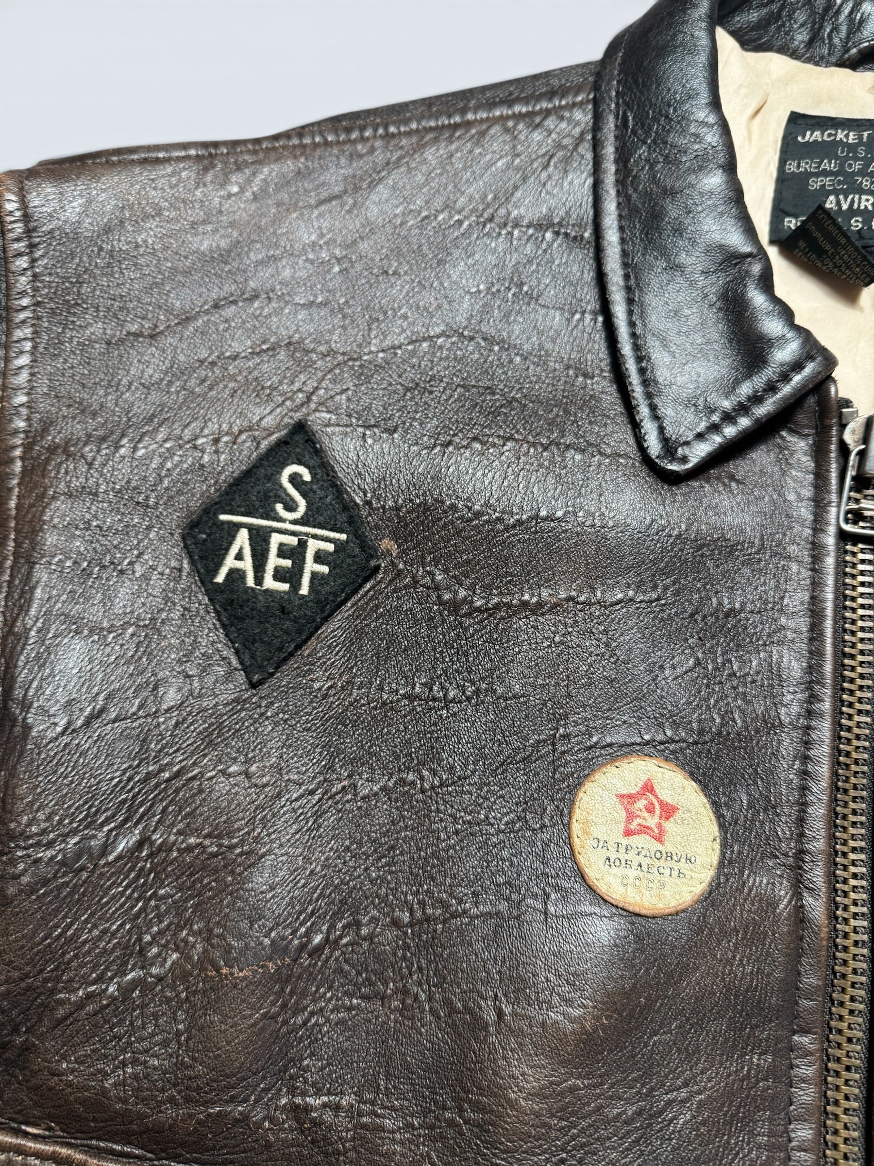 Jacket cuir cowhide flight G-1 Avirex usn full patch Mig-29 brown 1990 - XS/S