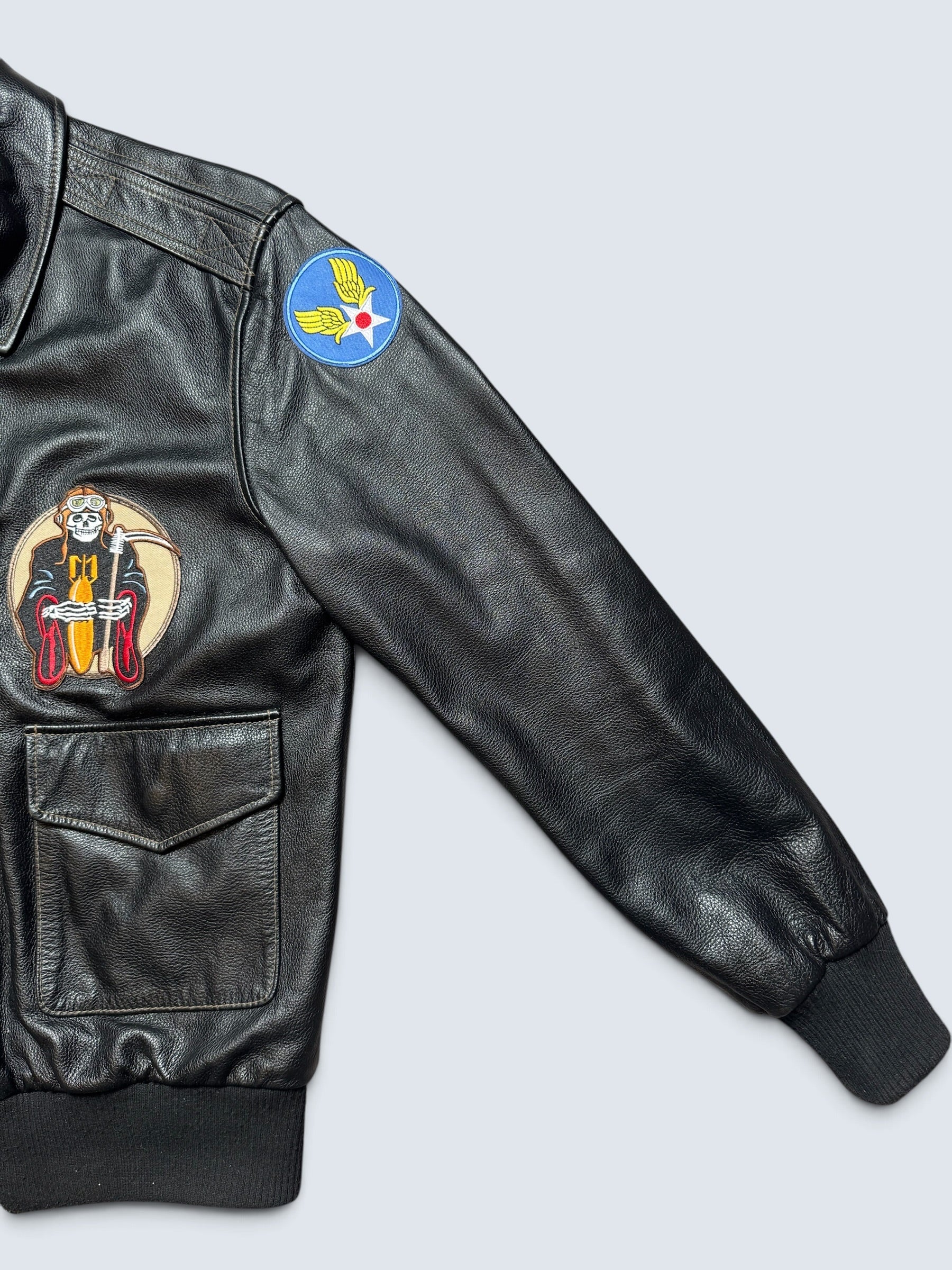 Jacket cuir flight A-2 Willis & Geiger patch & nose art flying tigers usaf black 00's - M