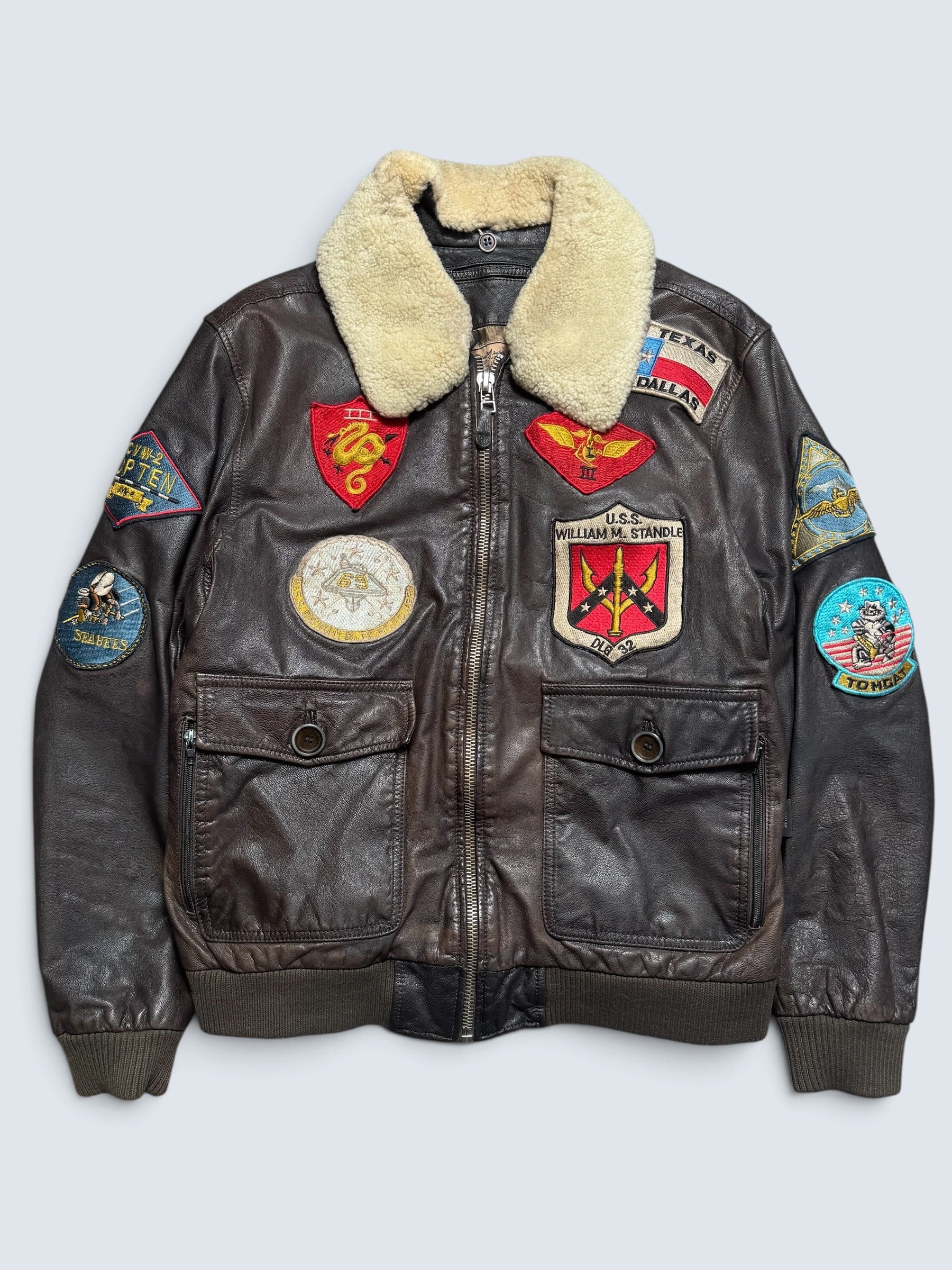 Jacket cuir cowhide flight G-1 Avirex LTD Japan exclusive Top Gun usn full patch brown 90’s - S