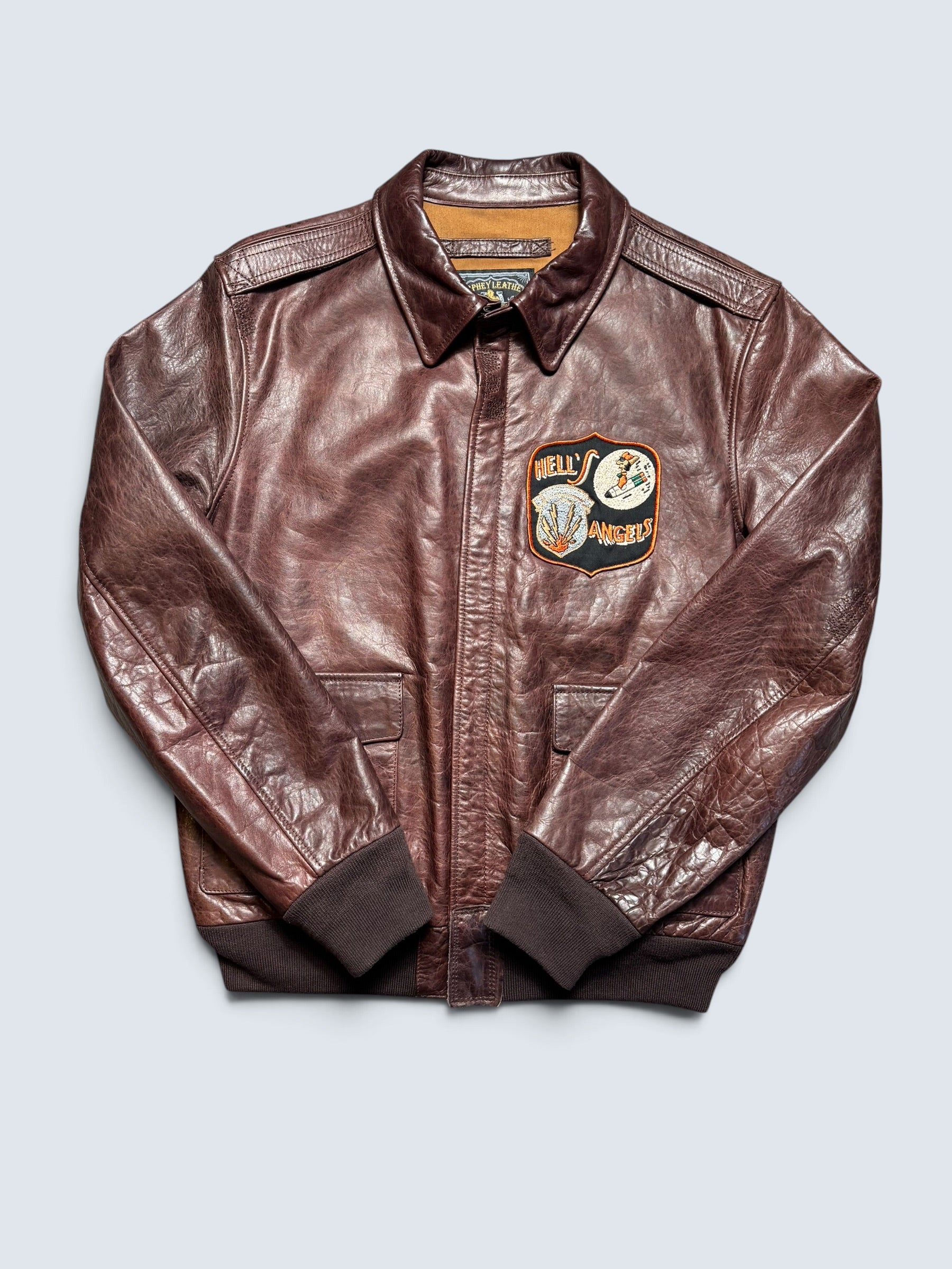 Jacket cuir horsehide flight A-2 Curphey Leather Hell's Angels patch & nose art usaf brown - 42 (L)