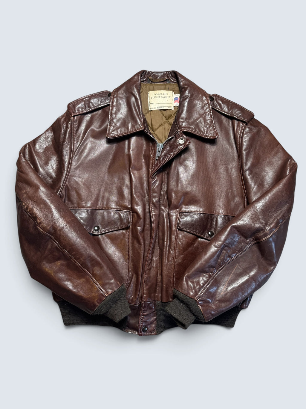 Jacket cuir cowhide flight bomber Schott NYC 674MS made in USA brown 70’s - 46 (XL)