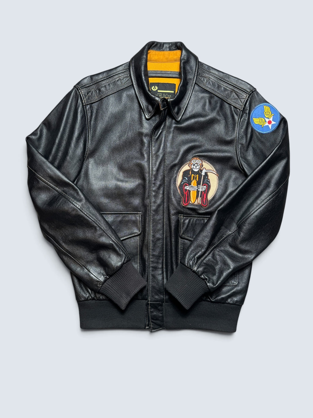 Jacket cuir flight A-2 Willis & Geiger patch & nose art flying tigers usaf black 00's - M