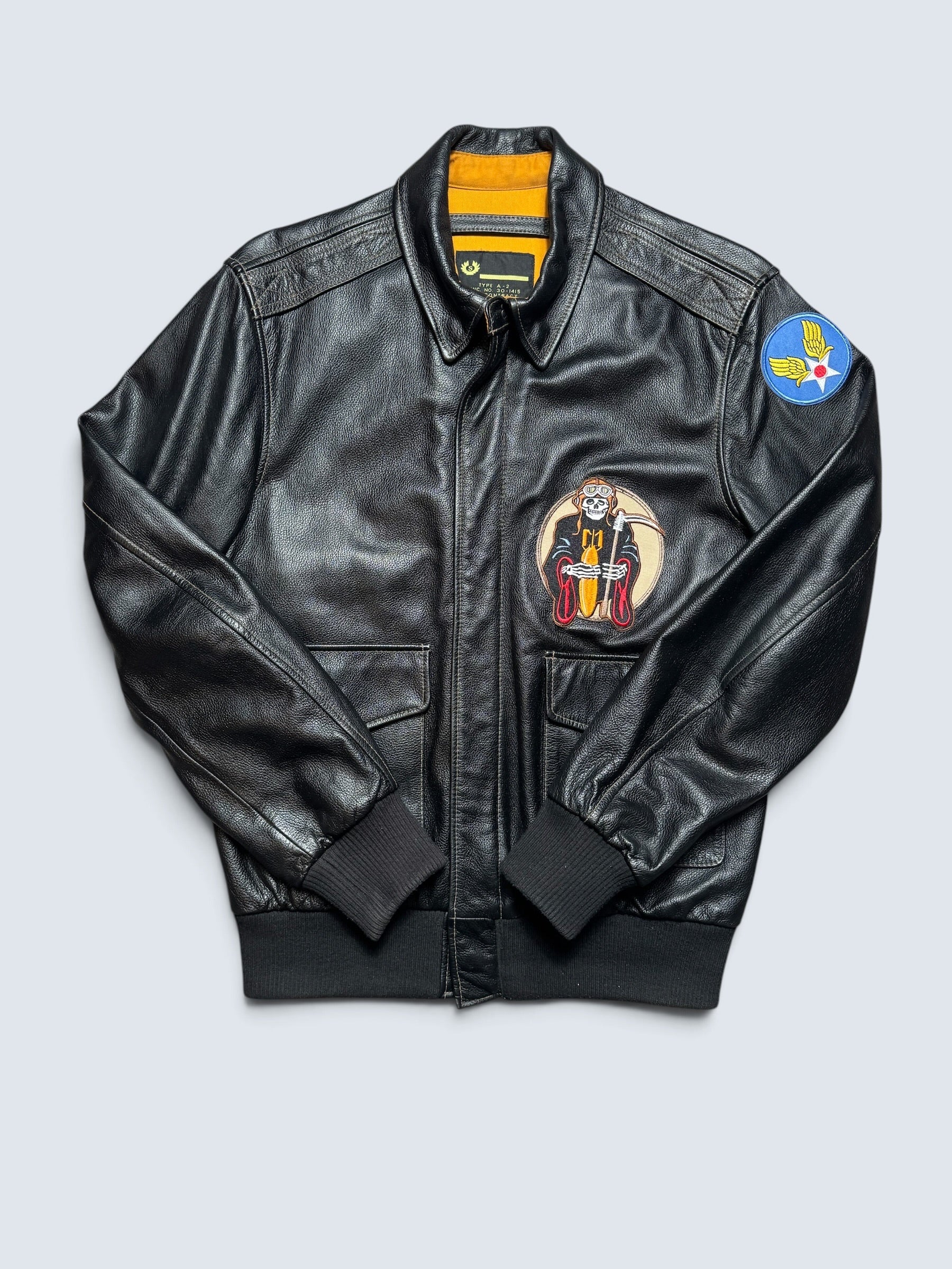 Jacket cuir flight A-2 Willis & Geiger patch & nose art flying tigers usaf black 00's - M