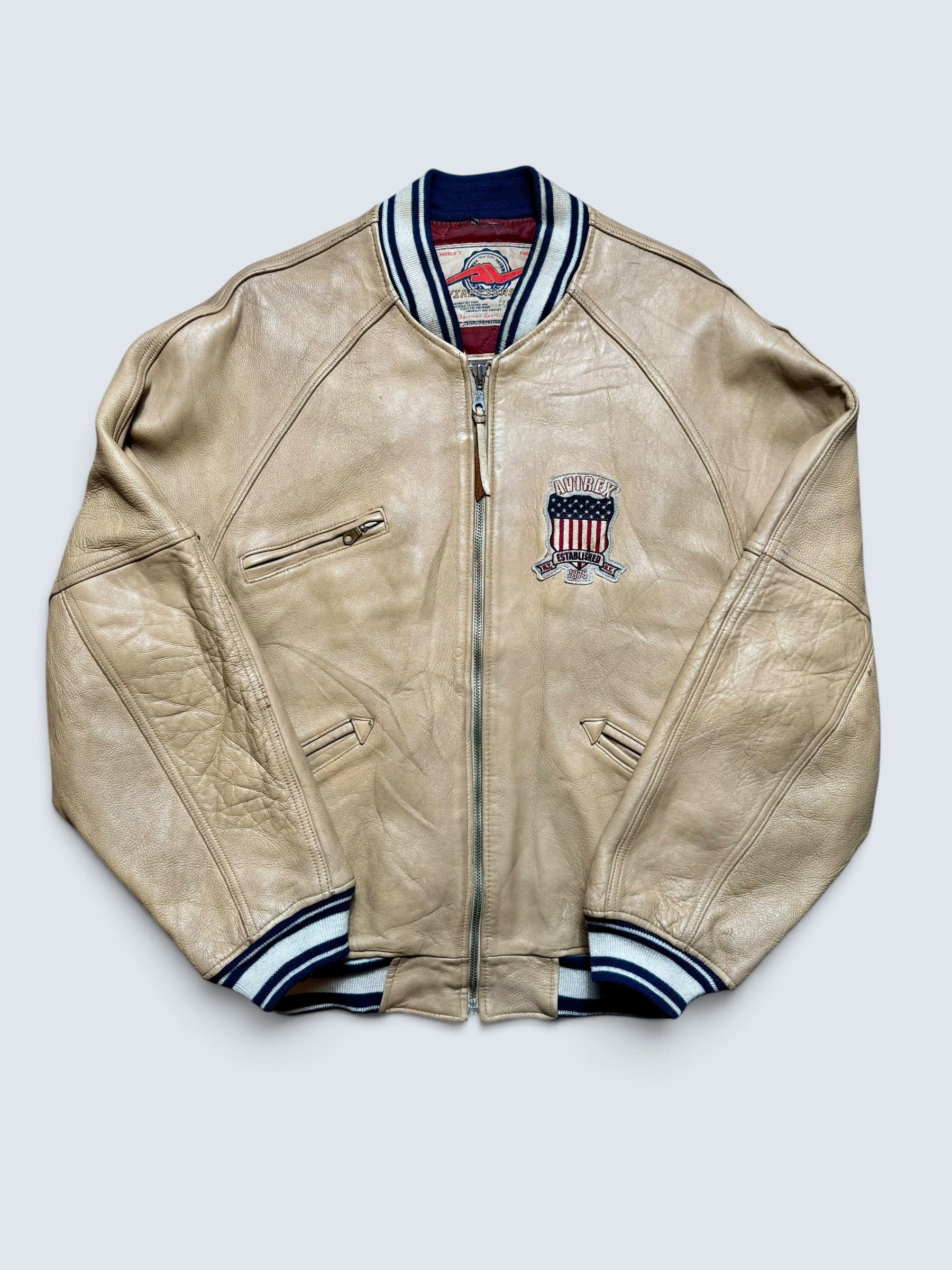 Jacket cuir varsity baseball sport Avirex ltd usa beige vintage 90’s - L