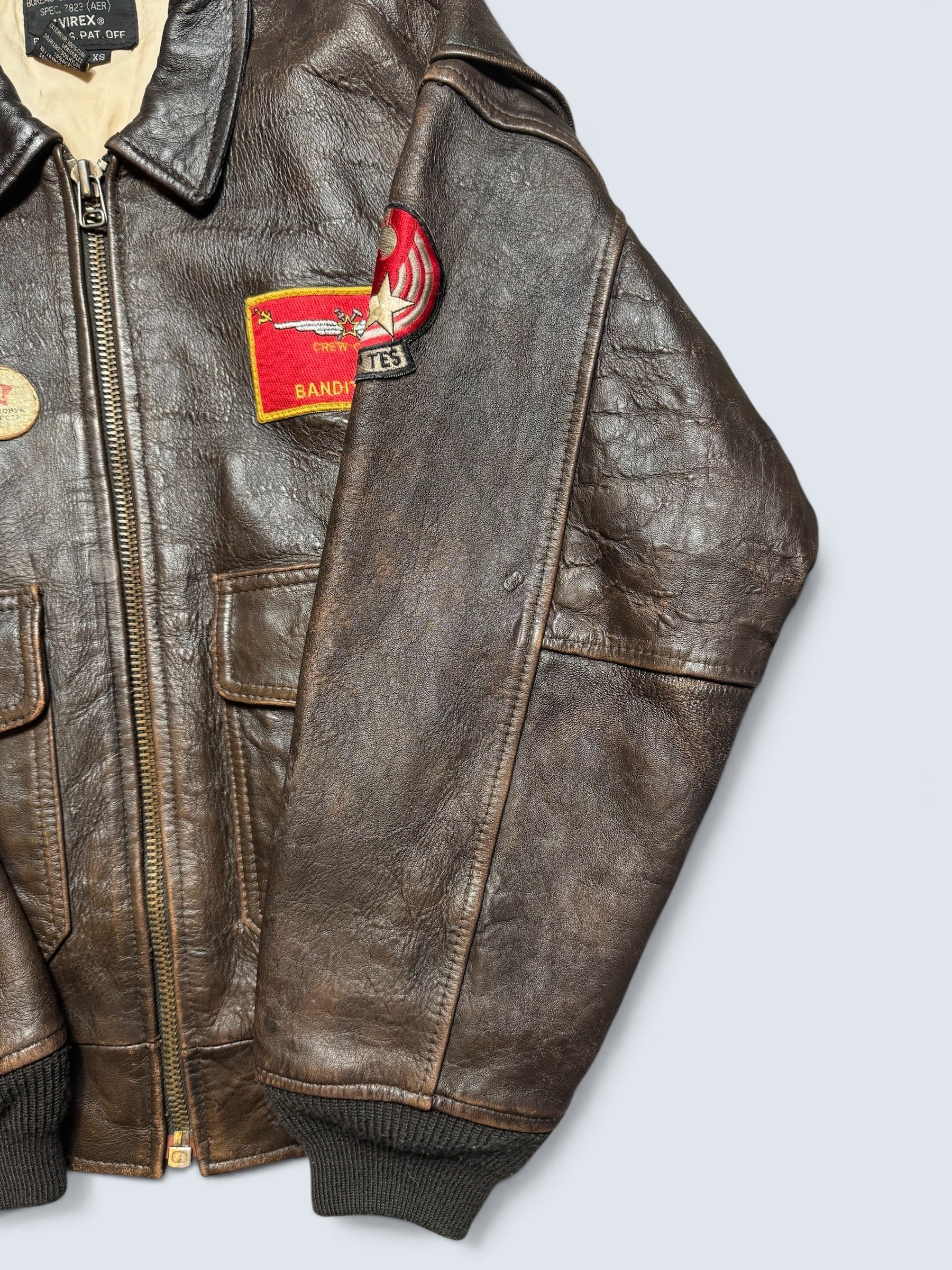 Jacket cuir cowhide flight G-1 Avirex usn full patch Mig-29 brown 1990 - XS/S