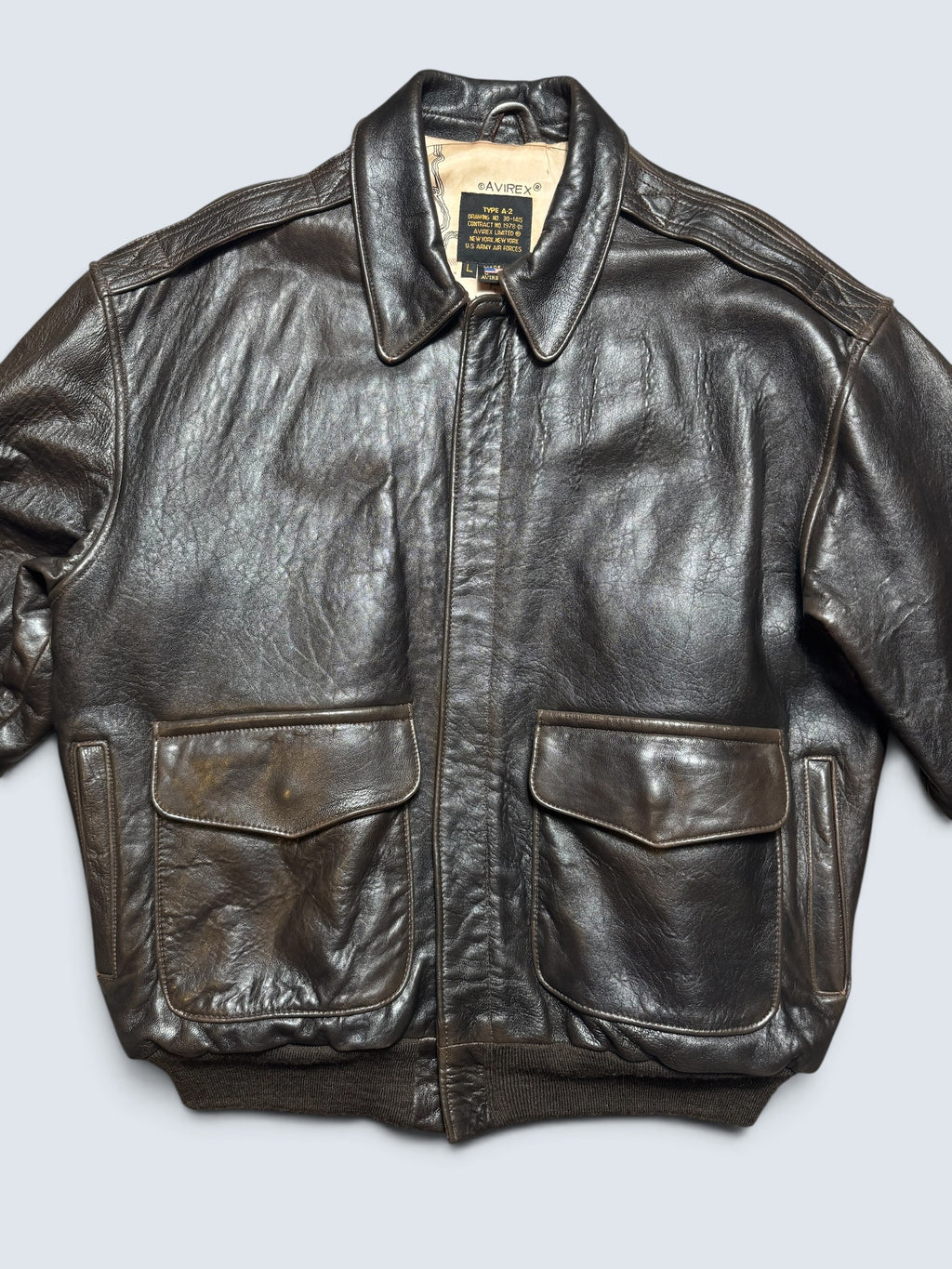 Jacket cuir cowhide flight A-2 Avirex made in USA usaf Glenn Millers nose art black 1989 - L