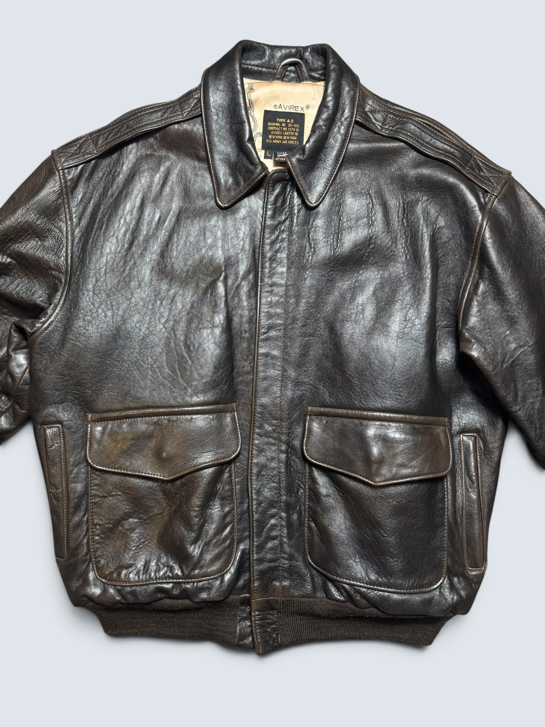Jacket cuir cowhide flight A-2 Avirex made in USA usaf Glenn Millers nose art black 1989 - L