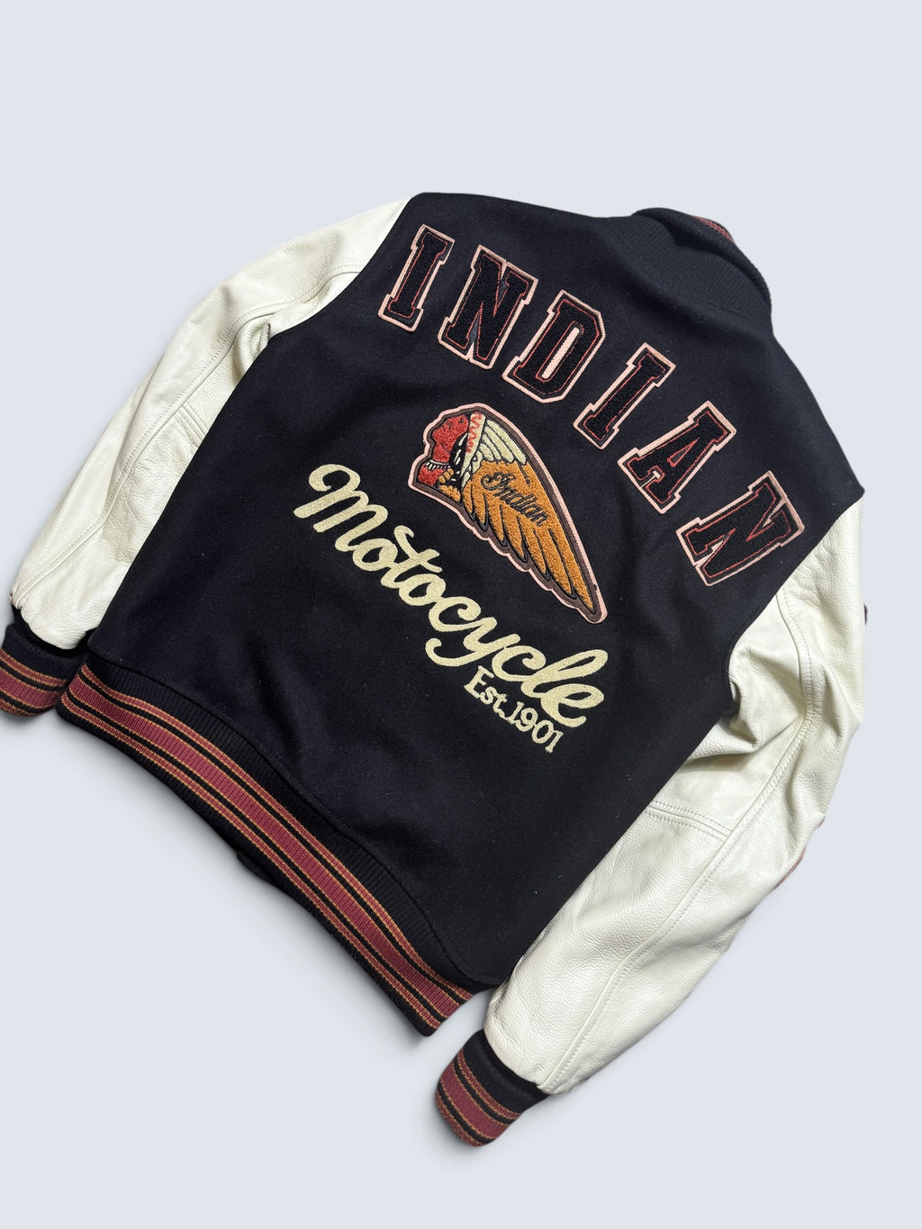 Jacket teddy varsity cuir Indian Motorcycle Japan edition black & white 00's - S